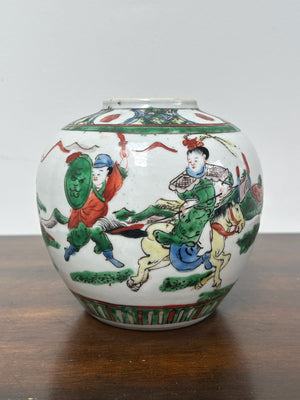Antique Chinese Famille Verte Wucai Warrior Jar Kangxi Mark Late Qing Republic