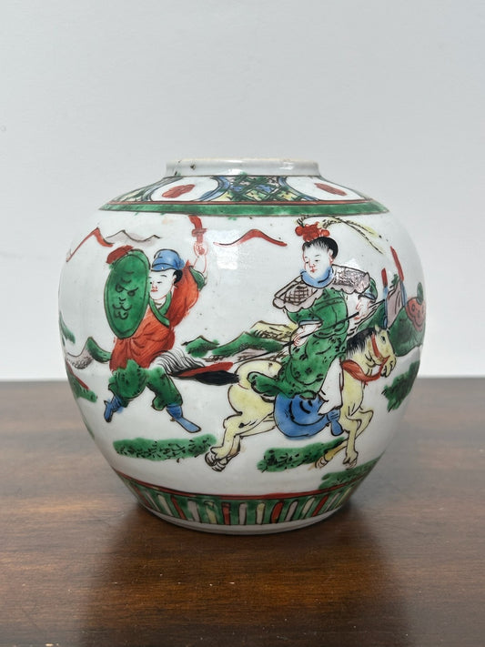 Antique Chinese Famille Verte Wucai Warrior Jar Kangxi Mark Late Qing Republic0