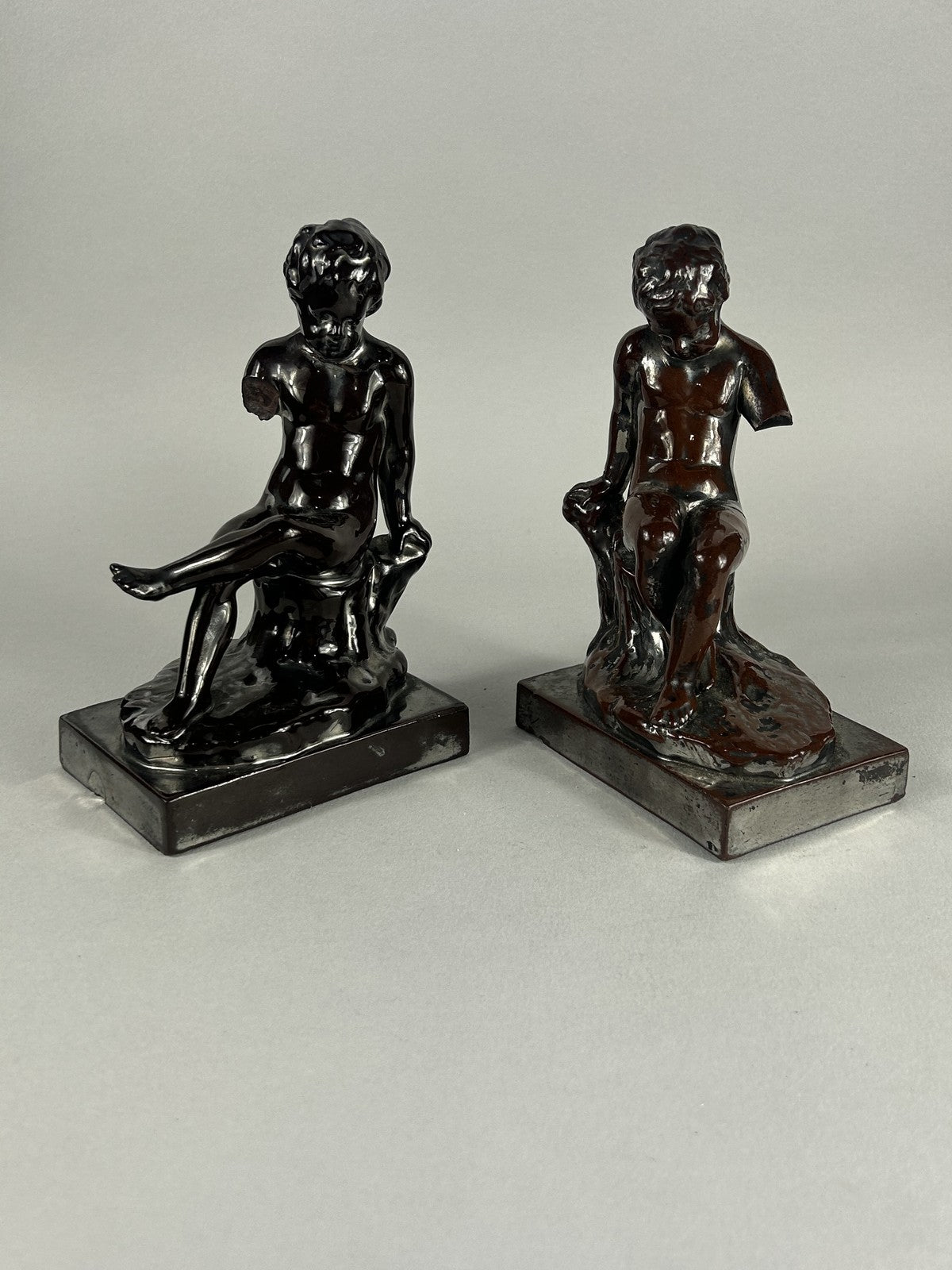 Early Staffordshire Silver Lustre Putti Figurine Pair, 18cm, Restored