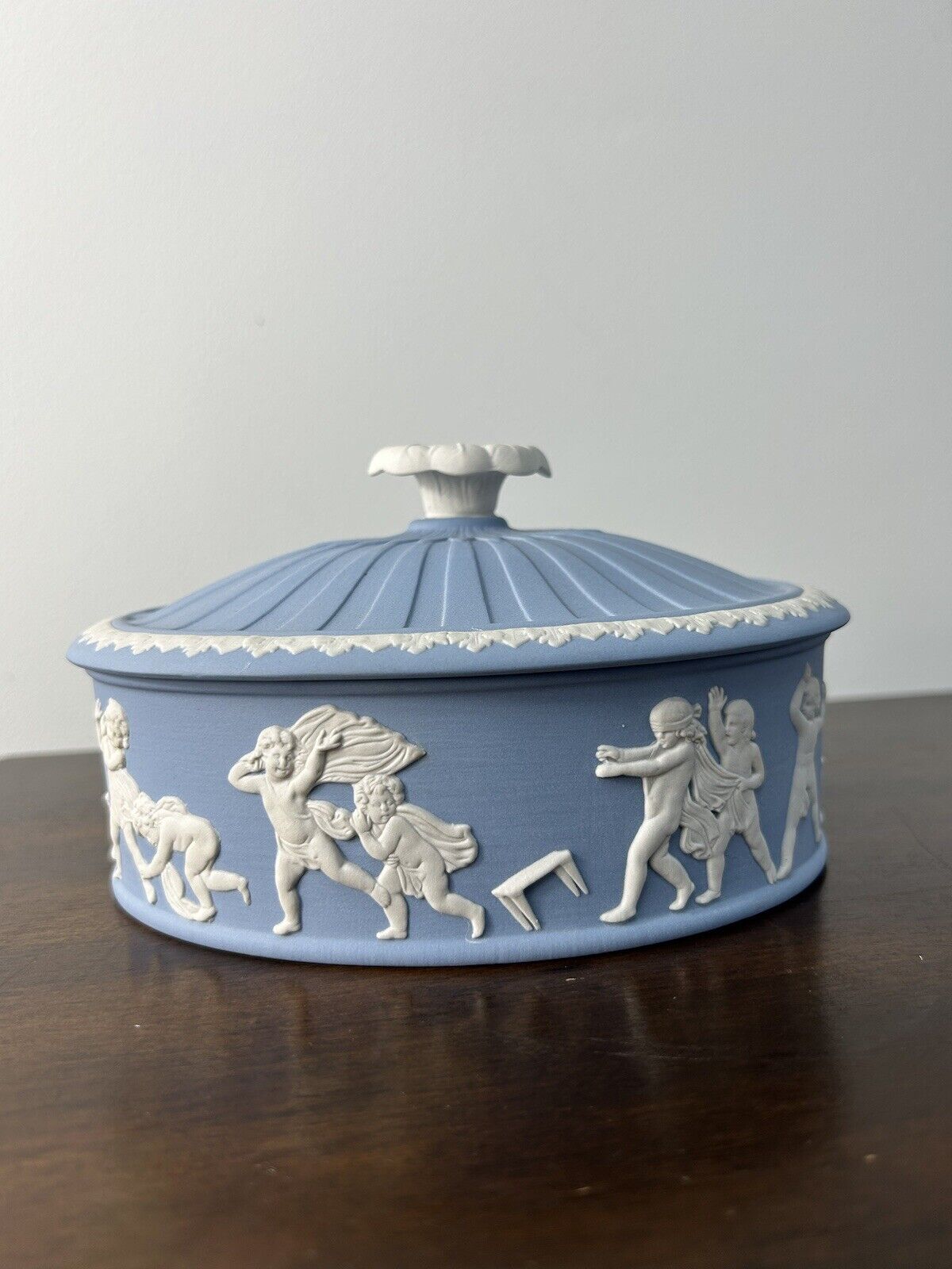 Wedgwood Blue Jasperware Blind Man's Buff Oval Lidded Box - 6.5" x 4.75"