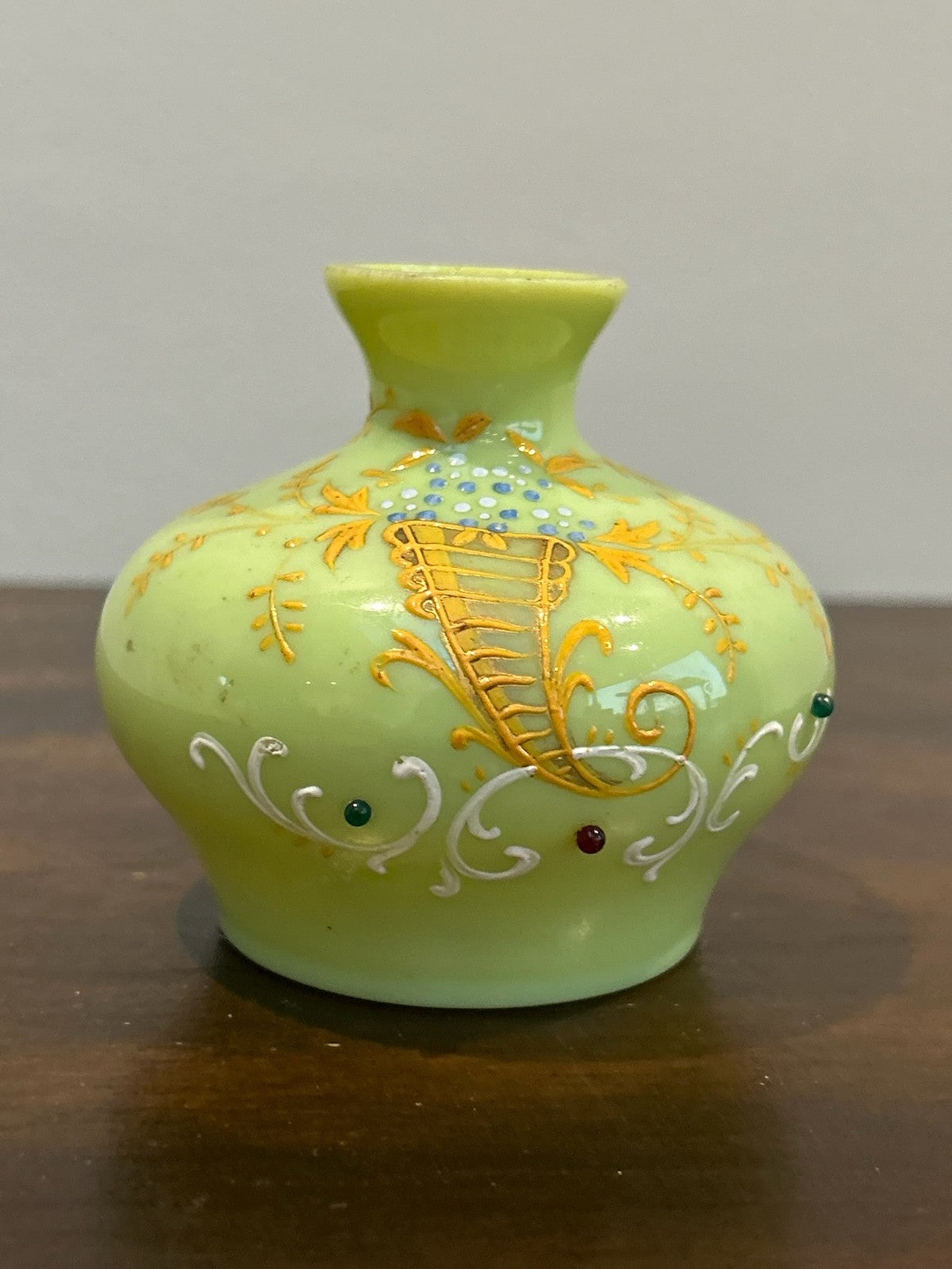 Antique Bohemian Green Opaline Glass Vase Raised Gilt Enamel Cornucopia Jewelled1