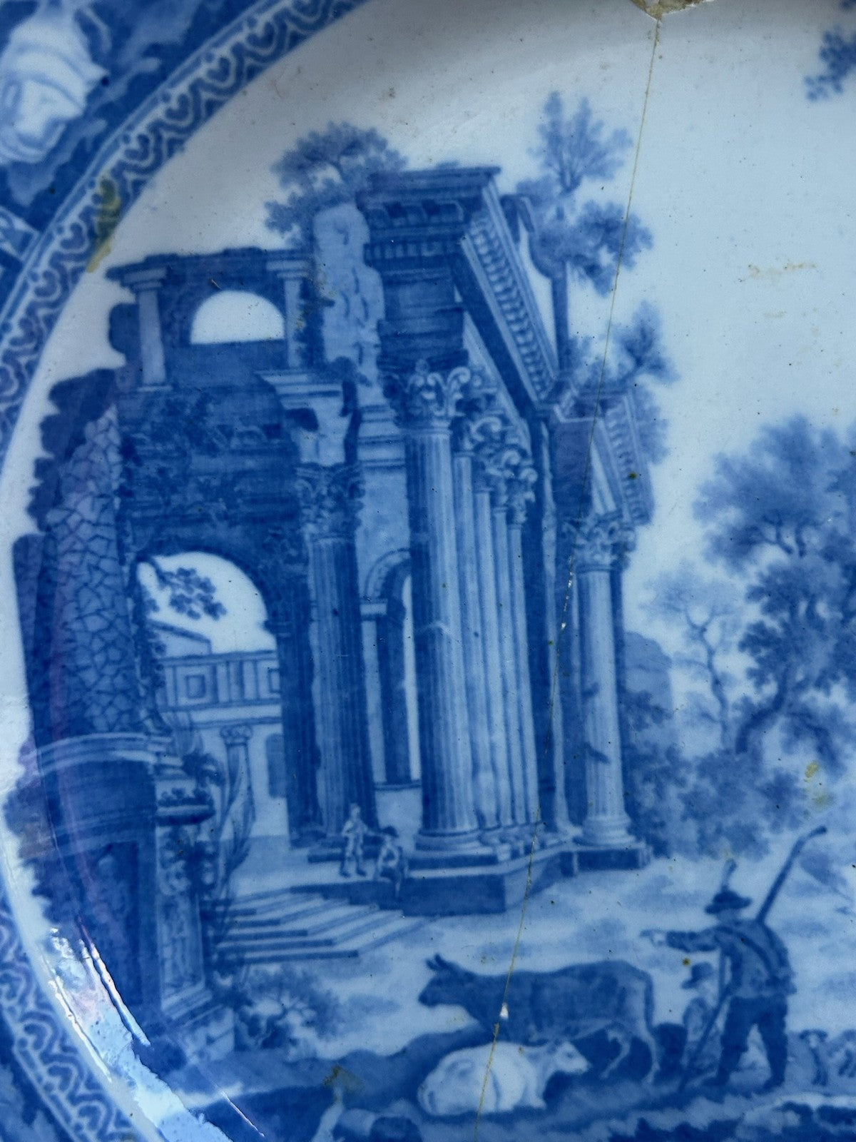 Antique Staffordshire Blue White Transferware Plate Ruins Landscape c18204