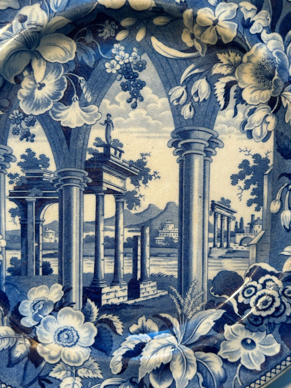 Antique Staffordshire Blue White Plate Tivoli Pattern Marked c1820 Transferware2