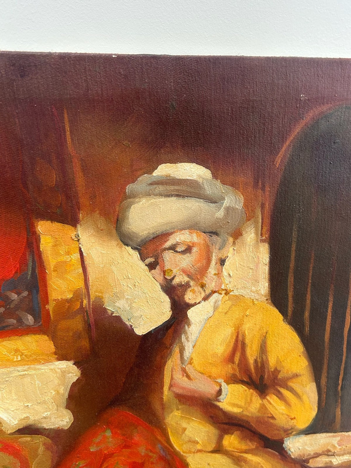 Orientalist Oil Painting Figures in Interior Court Scene Signed3