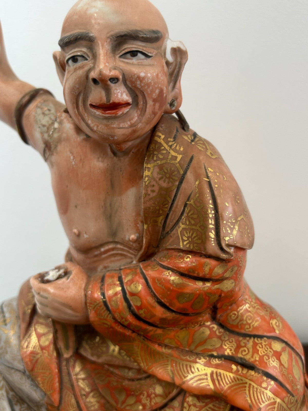 Antique Japanese Meiji Polychrome Pottery Figure of a Luohan / Monk & Vase3