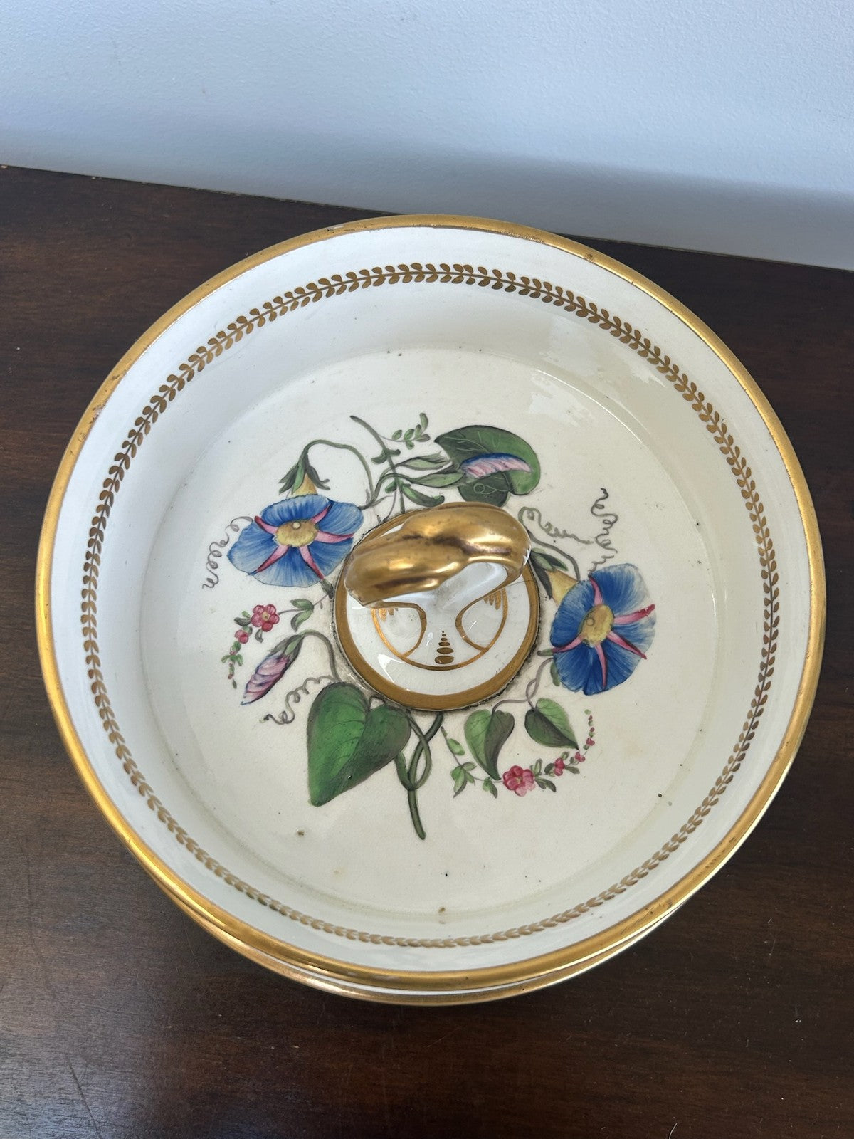 British Porcelain Ice Pail Cover / Lid Gilt & Floral Twin Handled2