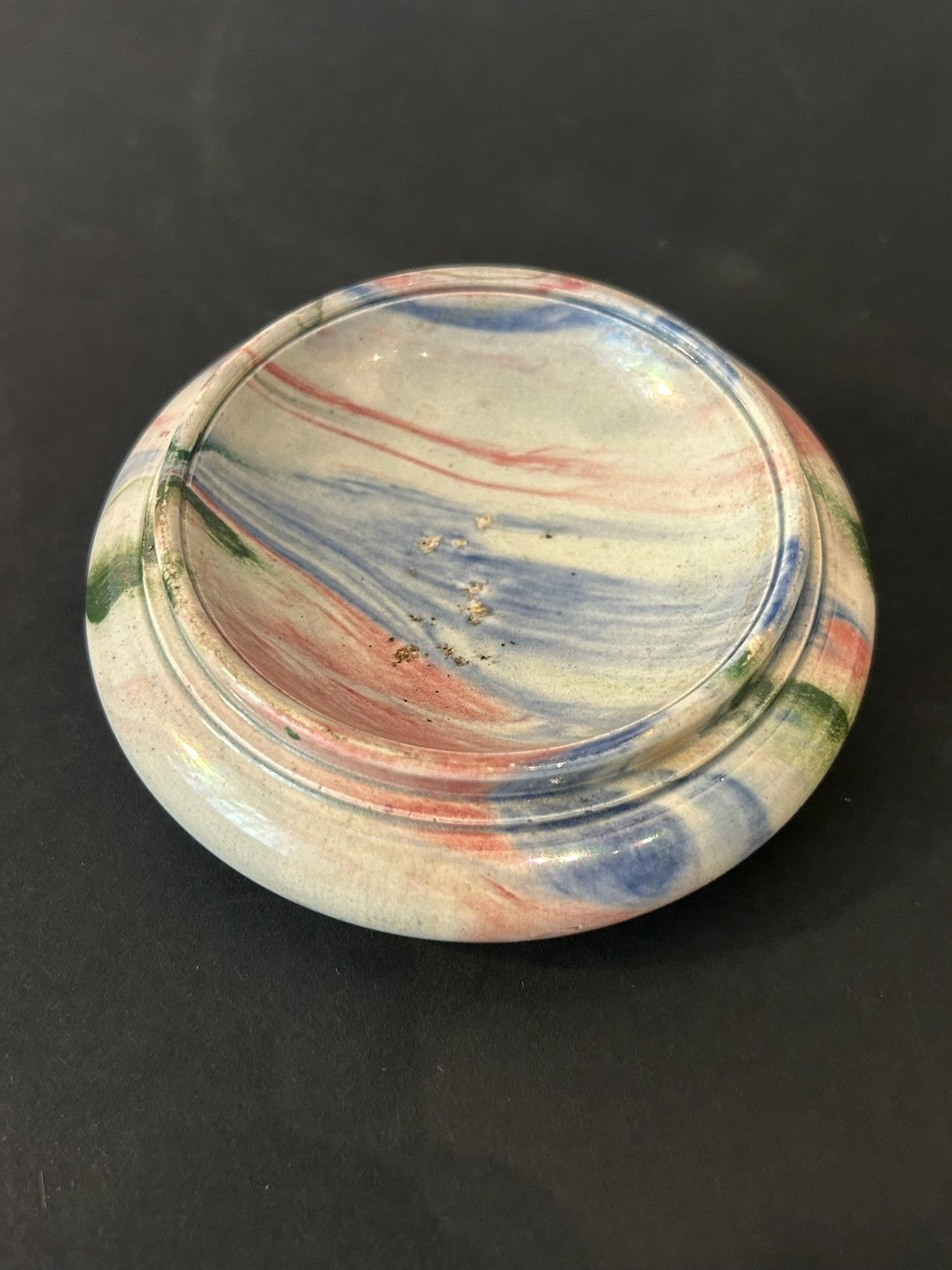 Antique Marbled Slip Earthenware Dish Stand Blue Pink Green Marbling 10cm4