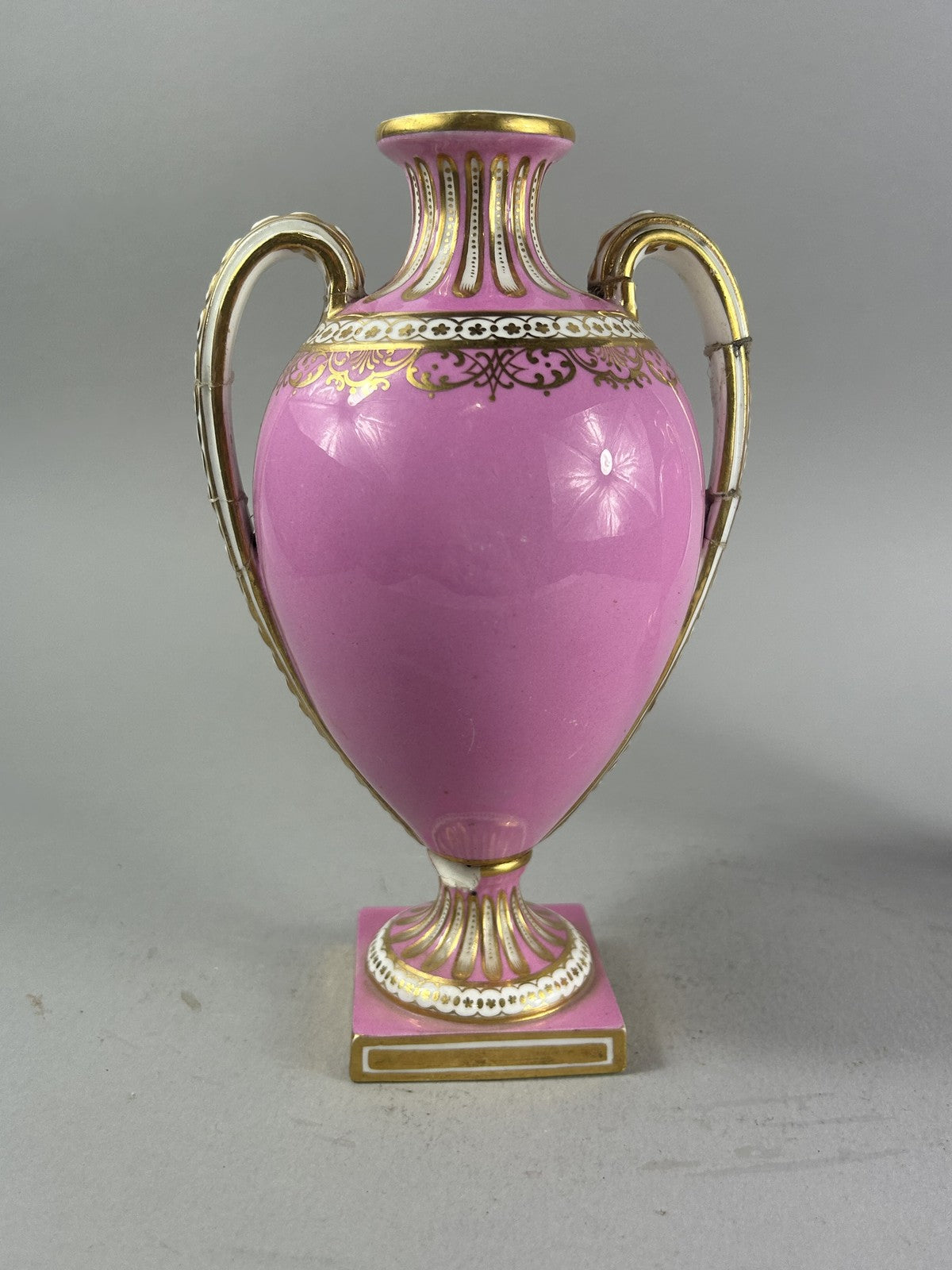 Antique Pair Pink Ground Gilt Porcelain Urn Vases, 18cm