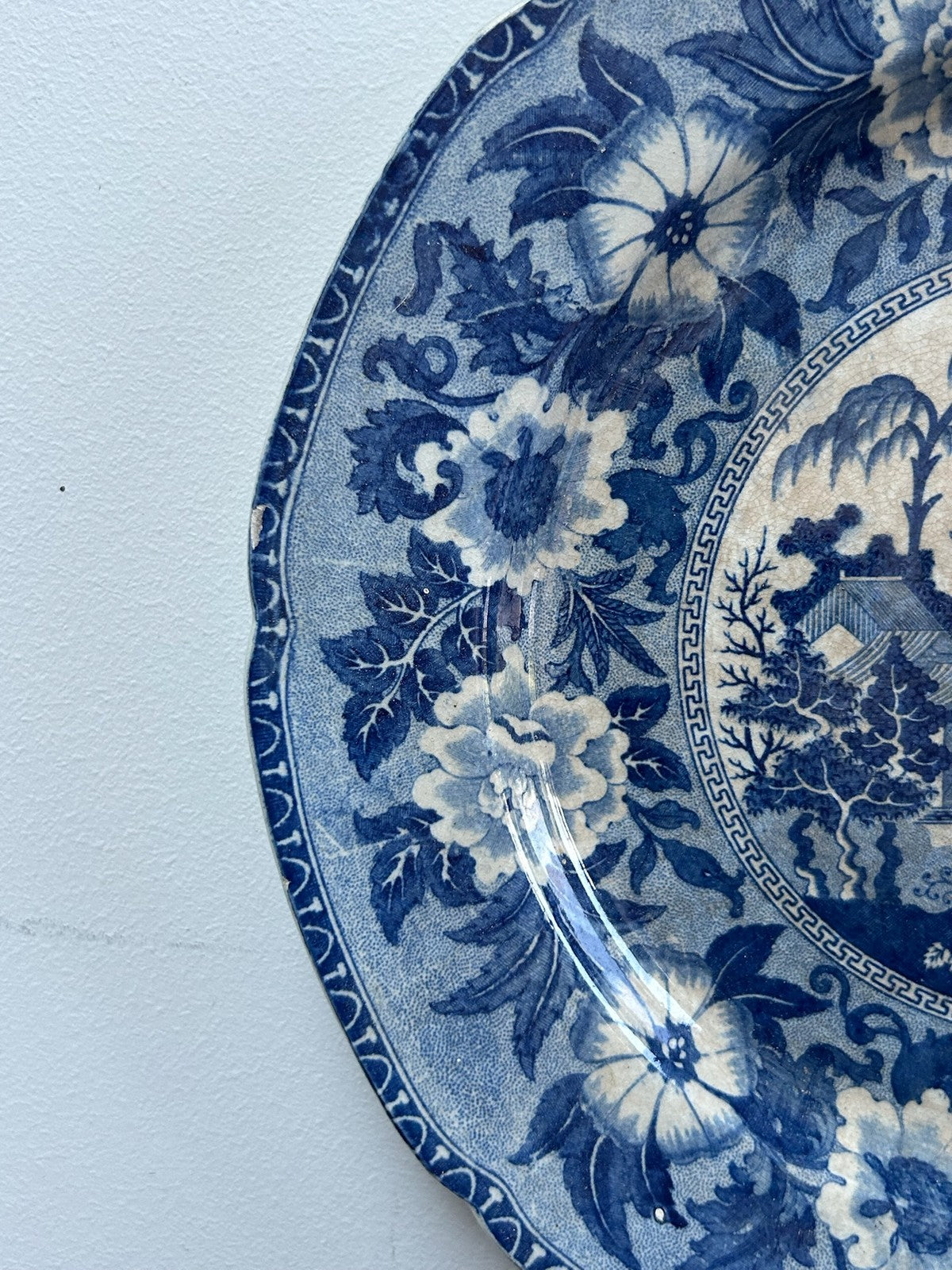 Antique Staffordshire Blue White Transferware Plate c1825 Floral Border Scene2