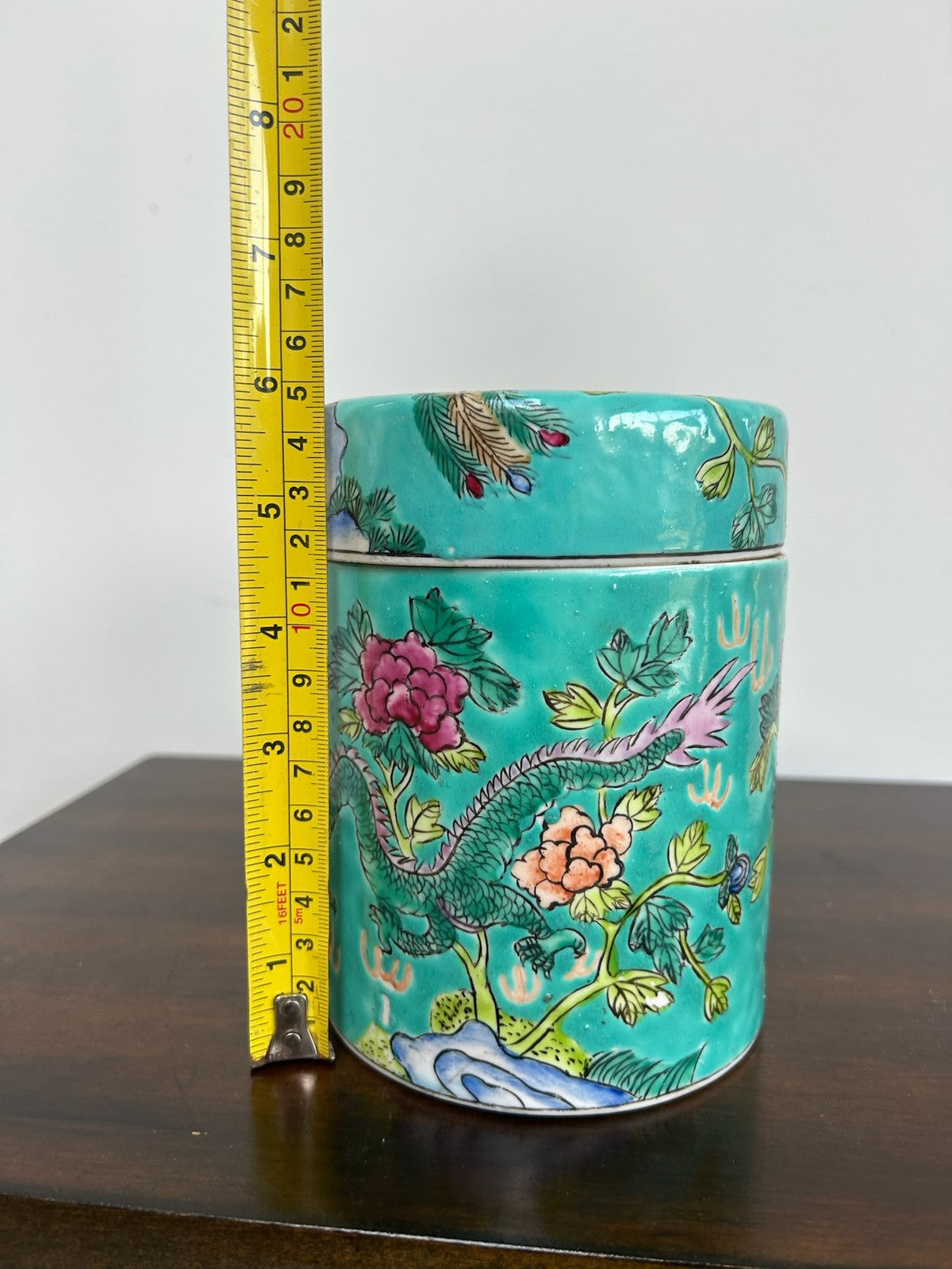 Chinese Famille Rose Green Ground Lidded Caddy Birds & Flowers 15cm9
