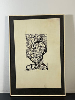 Nan Lurie Original Signed Pen & Ink Drawing Abstract Head Modernist WPA Artist