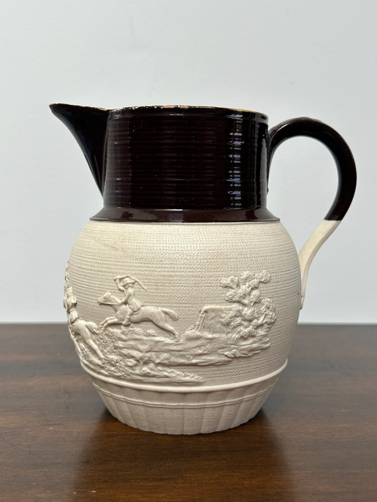 Antique Turner Stoneware Jug Hunting Relief Georgian Regency Drab Sprigged2