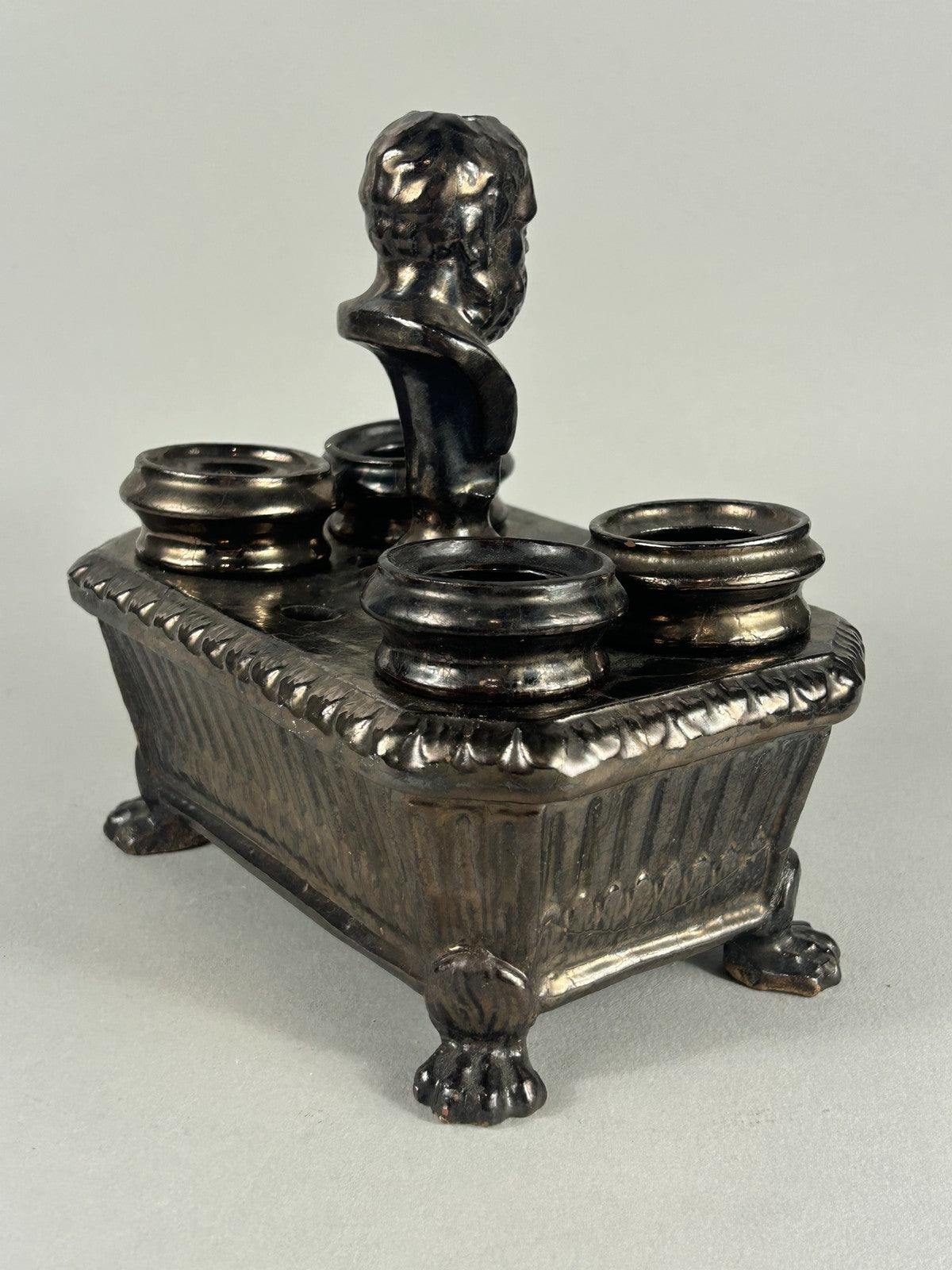 Early Staffordshire Silver Lustre Philosopher Inkstand with Four Pots