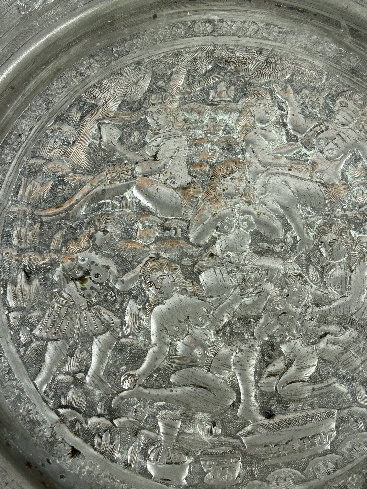 Antique Persian Silvered Copper Erotic Nude Figures Dish 23cm