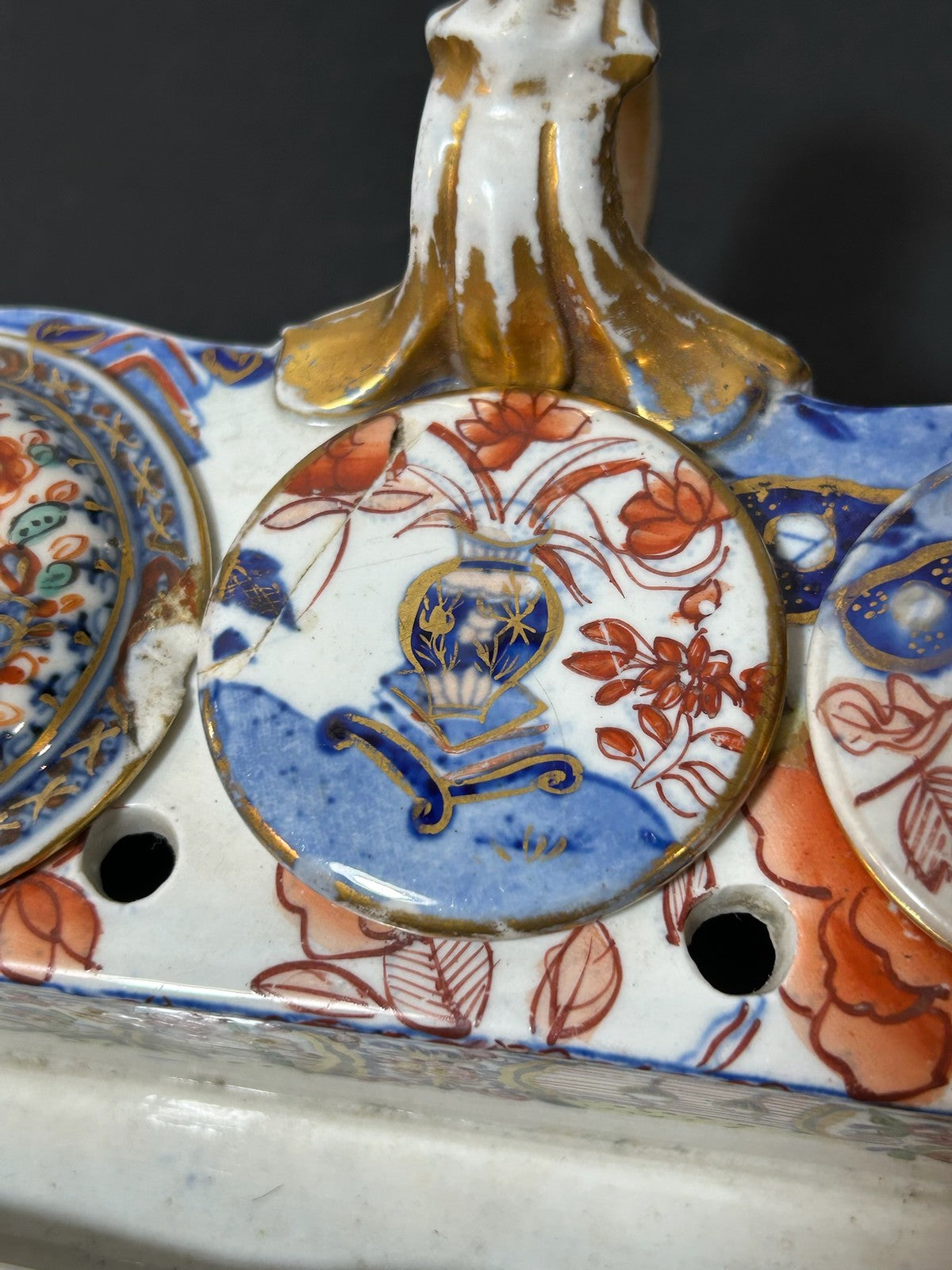 Antique Masons Patent Ironstone Imari Inkstand Desk Stand Paw Feet c1820 A/F5