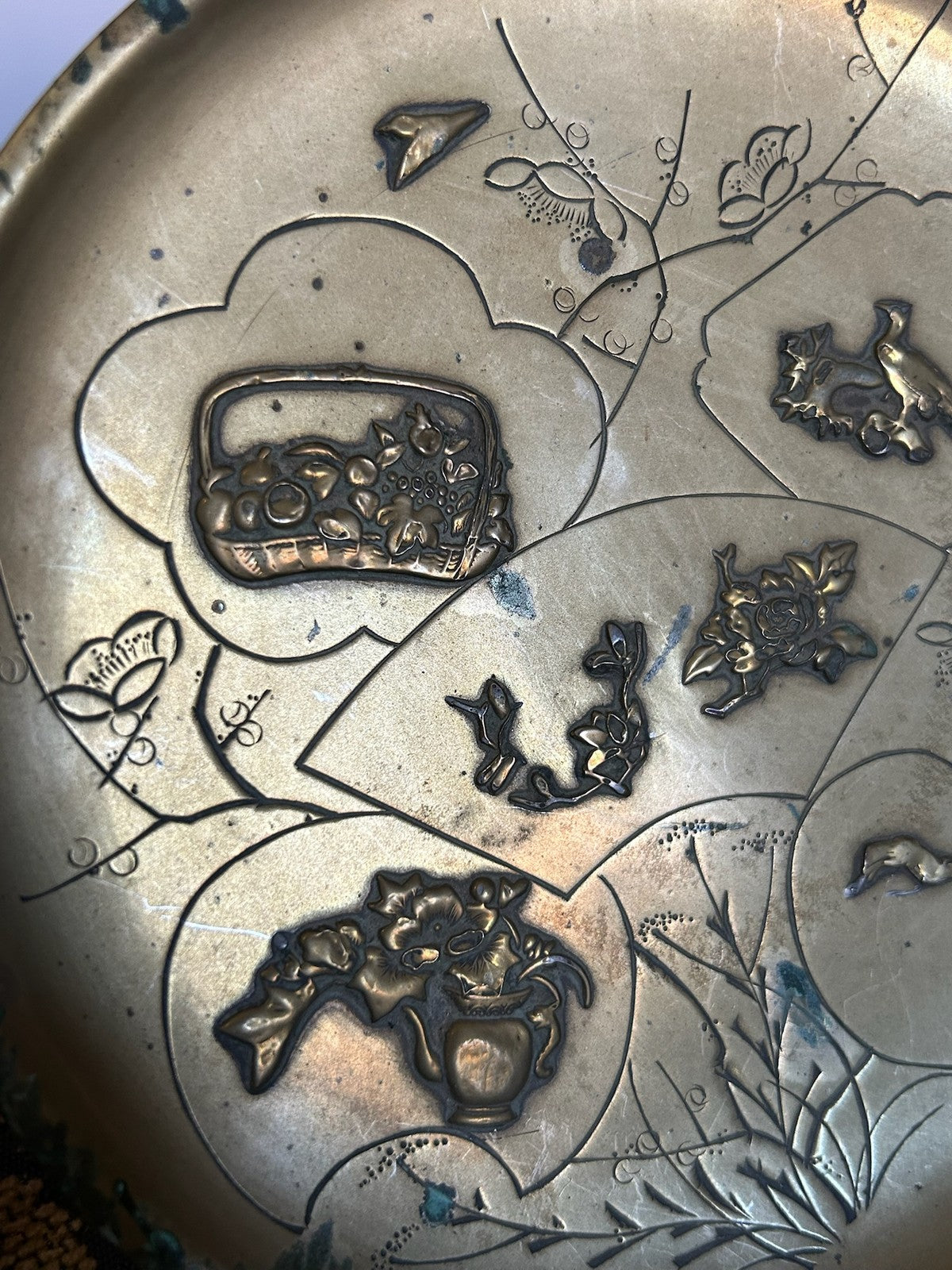 Japanese Brass Relief Dish Engraved Fan Panels Birds Flowers Plum Blossom5