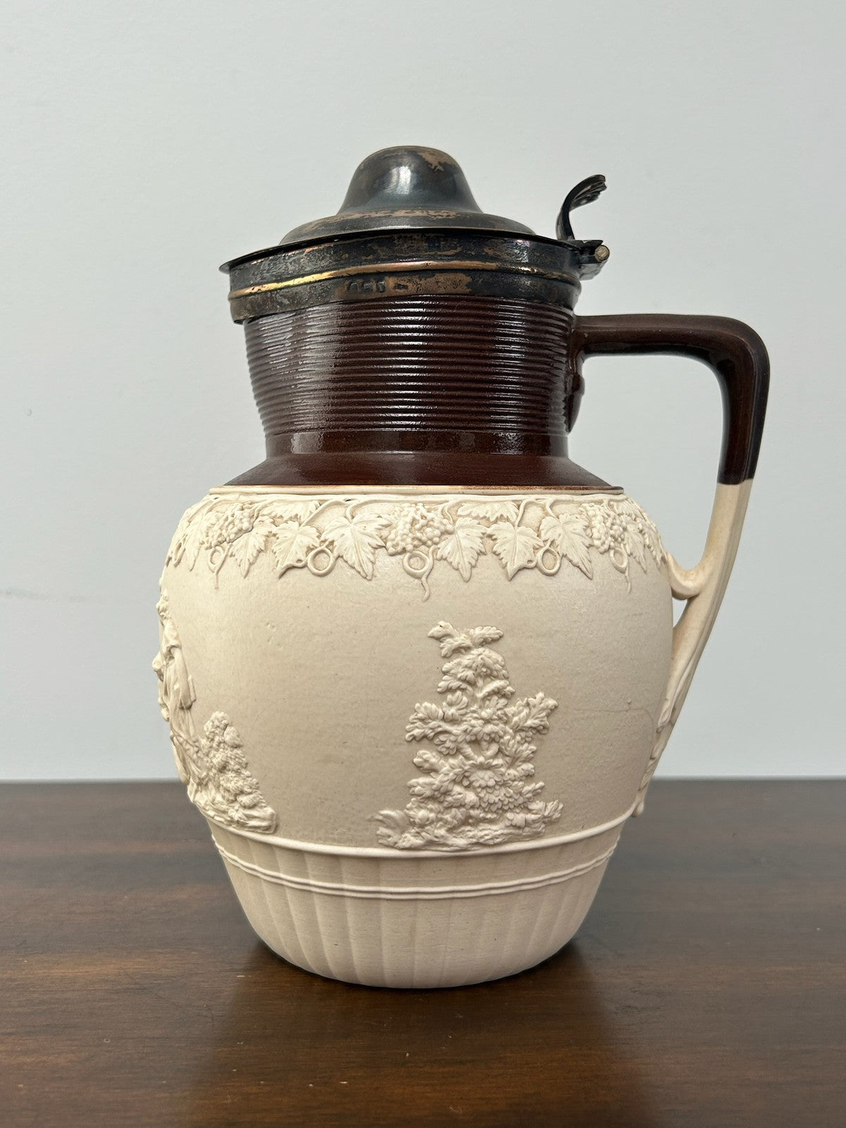 Turner Stoneware Jug Silver Lid 19cm Sprigged Relief Antique Georgian c18002