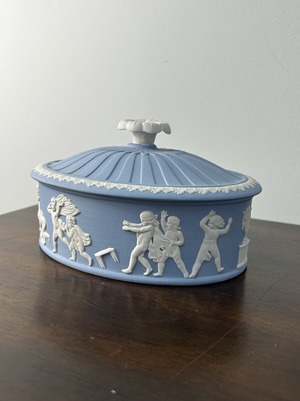 Wedgwood Blue Jasperware Blind Man's Buff Oval Lidded Box - 6.5" x 4.75"