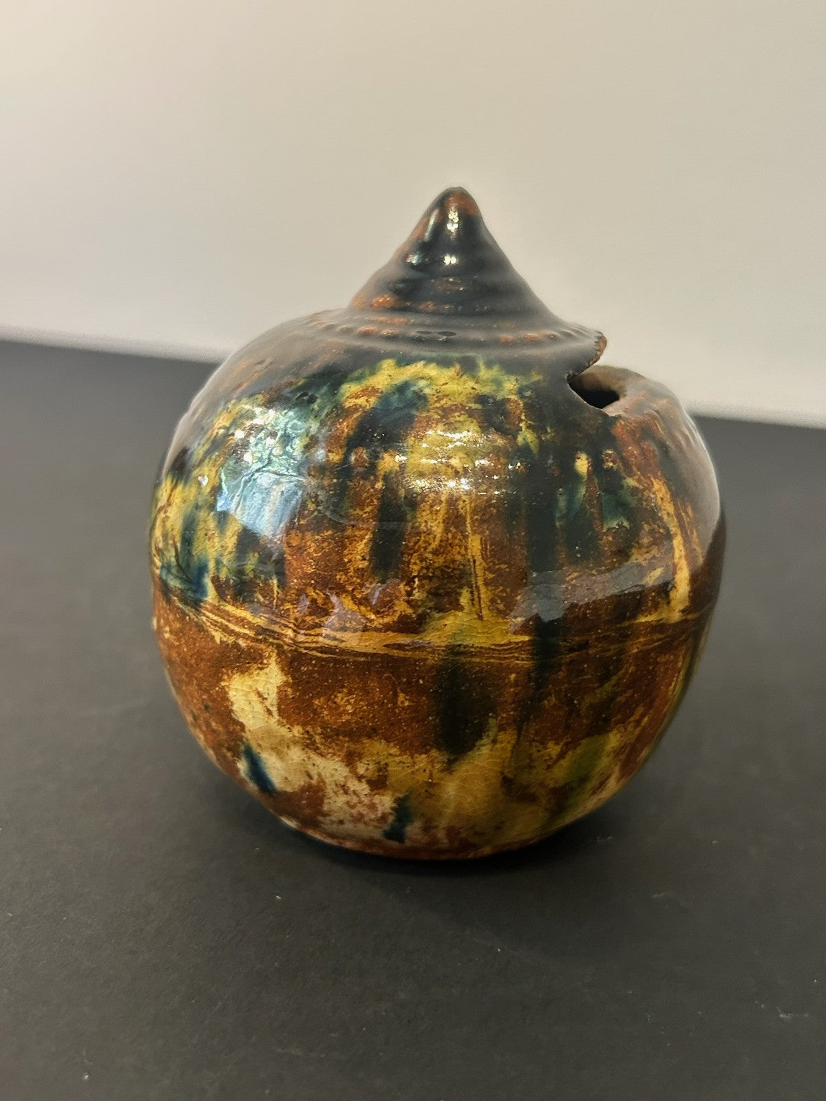Antique 19th Century Pottery Beehive Money Box Knop Finial Mottled Treacle Glaze4