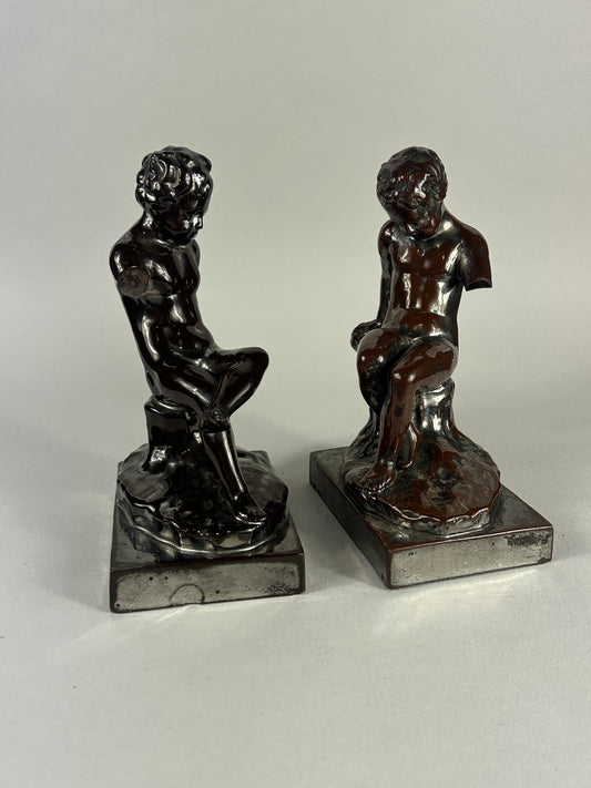 Early Staffordshire Silver Lustre Putti Figurine Pair, 18cm, Restored