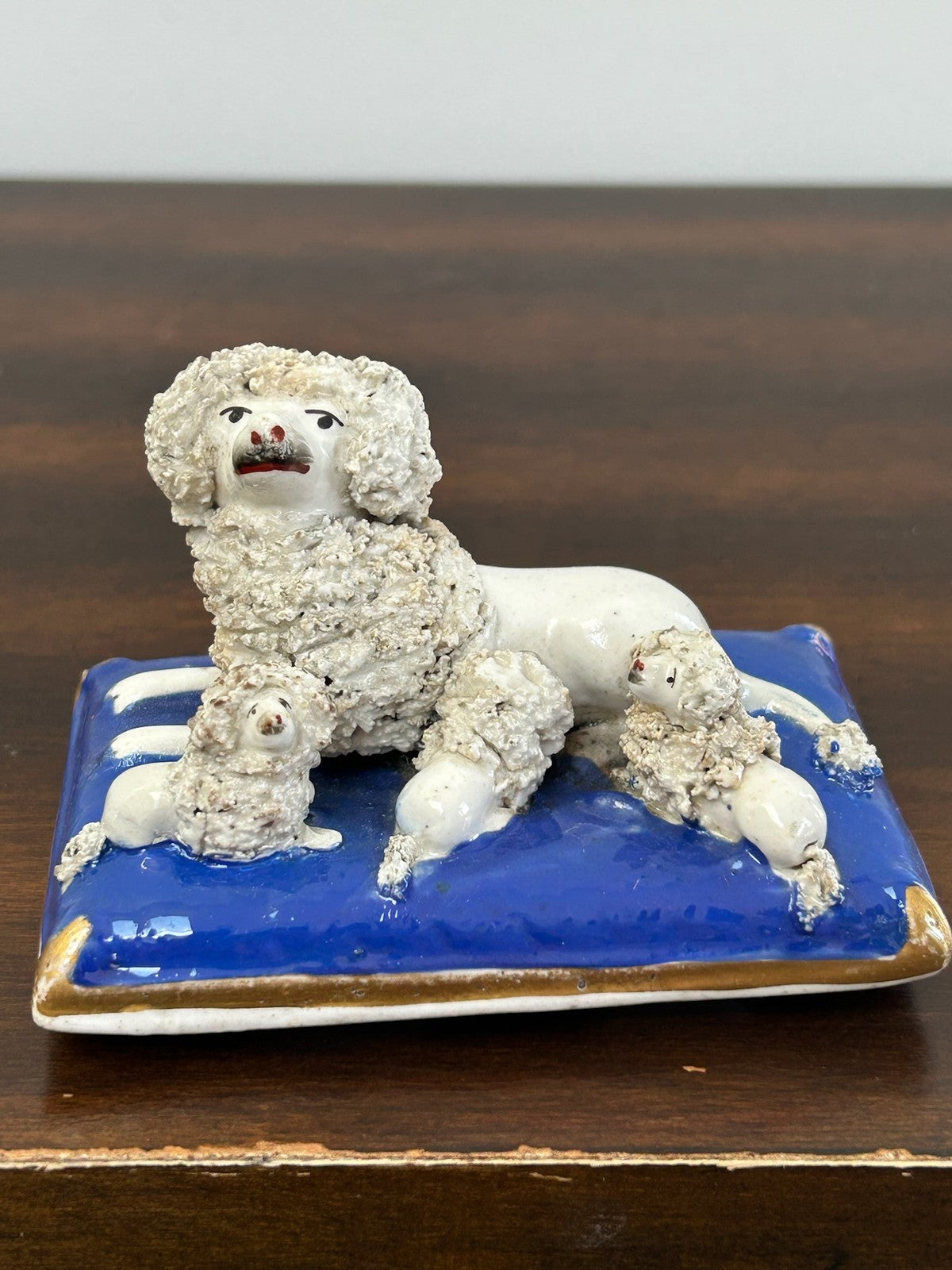 Antique Staffordshire Porcelain Poodle on Cobalt Cushion Crumb Texture4