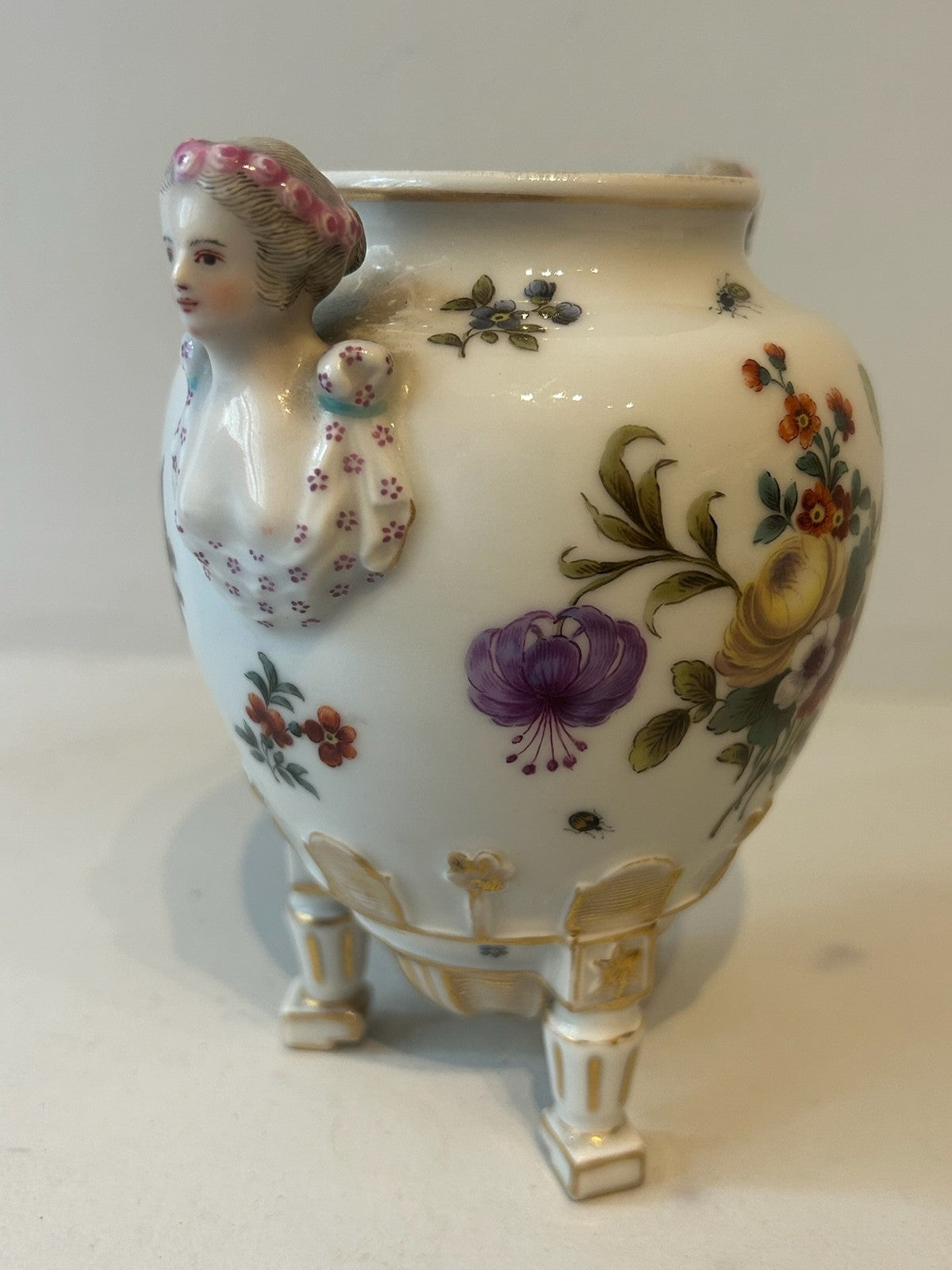 Antique Continental Dresden Style Porcelain Caryatid Vase Hand Painted 13.5cm5
