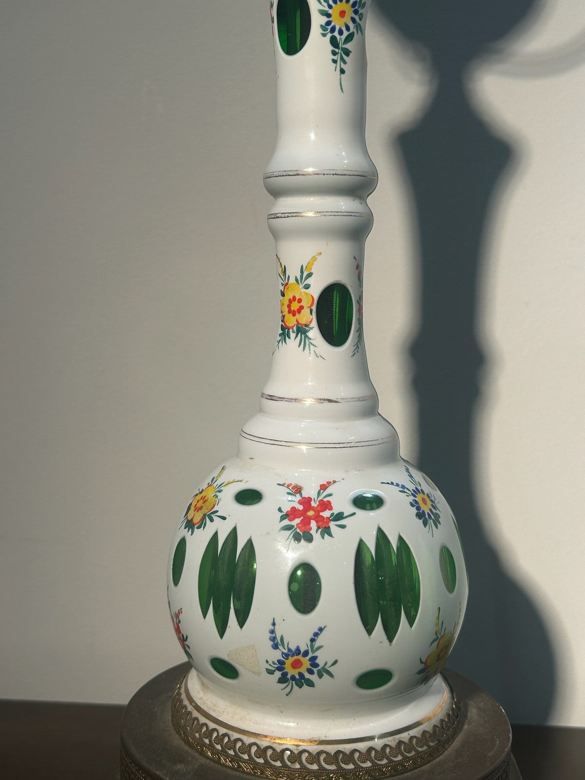 Antique Bohemian Overlay Glass Oil Lamp White Cut Green Hand Enamelled Brass11