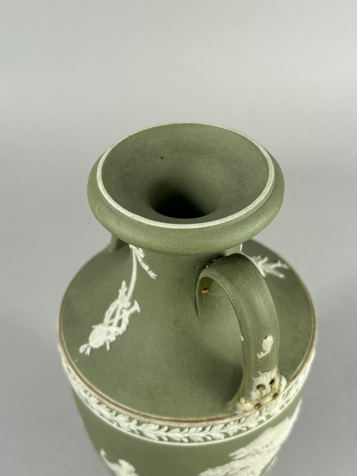 Antique Wedgwood Green Jasperware Trophy Vase with Classical Figures