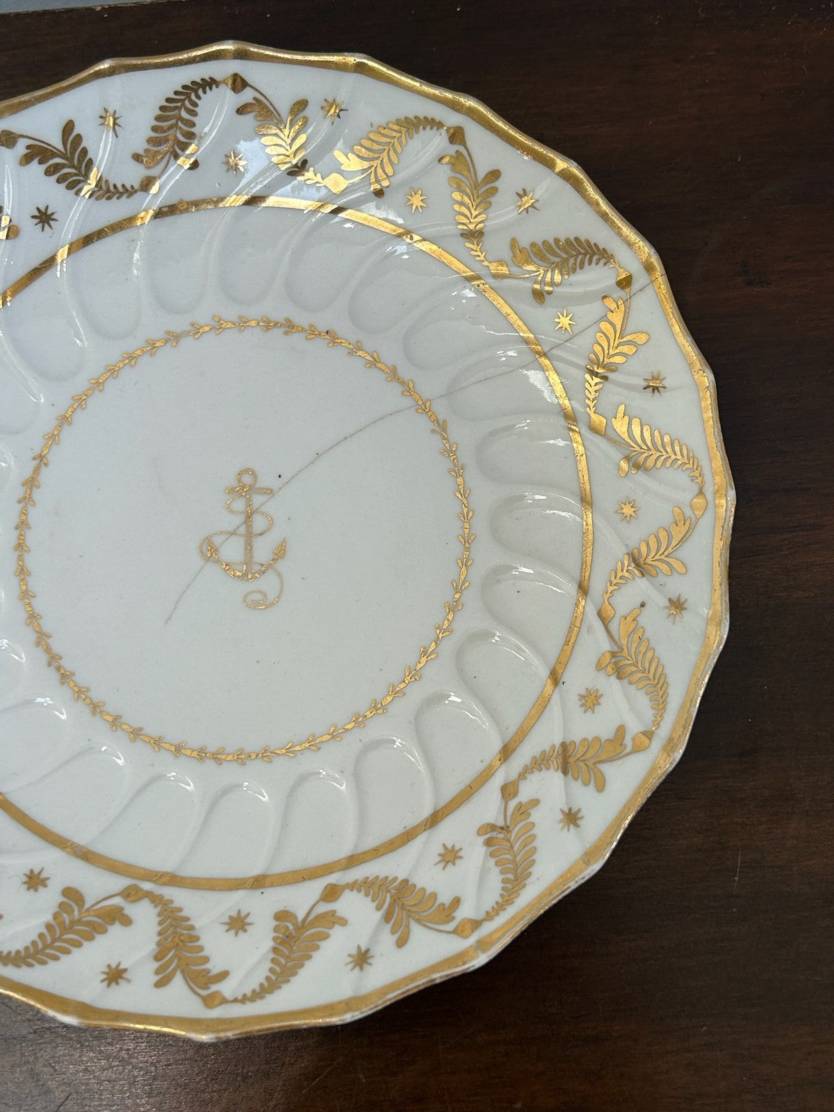 Antique Porcelain Dessert Plate Gilt Moulded Border Gilt Anchor Crest A/F3