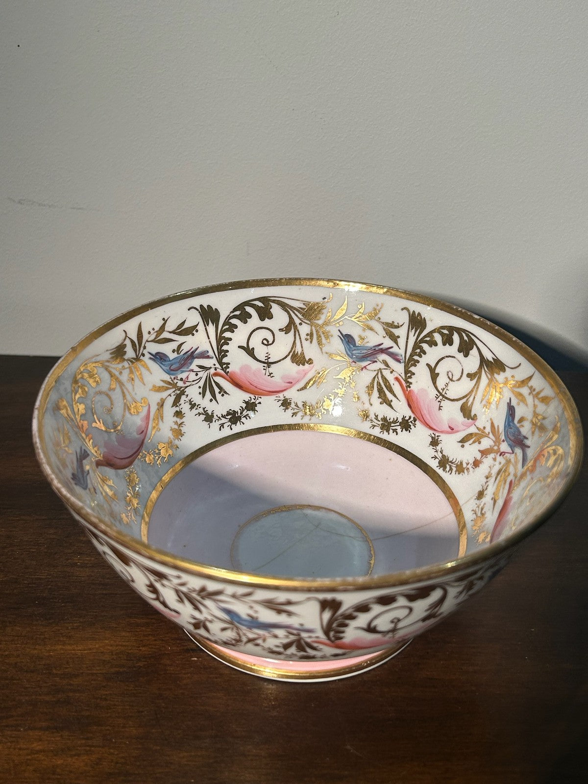 English Regency Porcelain Slop Bowl c.18201840 Hand Painted Birds Pink 17cm4