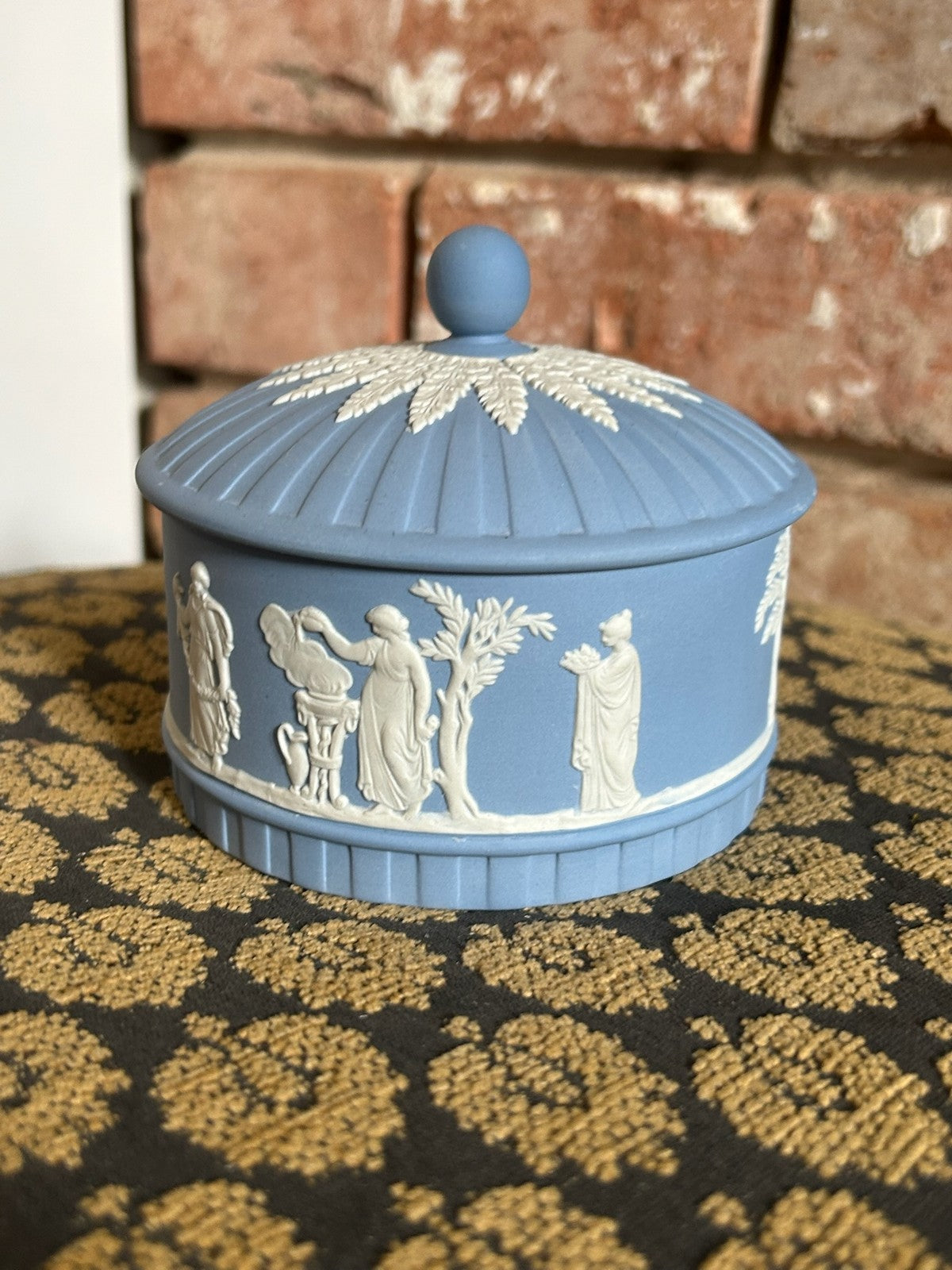 Wedgwood Pale Blue Jasperware Round Lidded Trinket Box Classical White Relief1