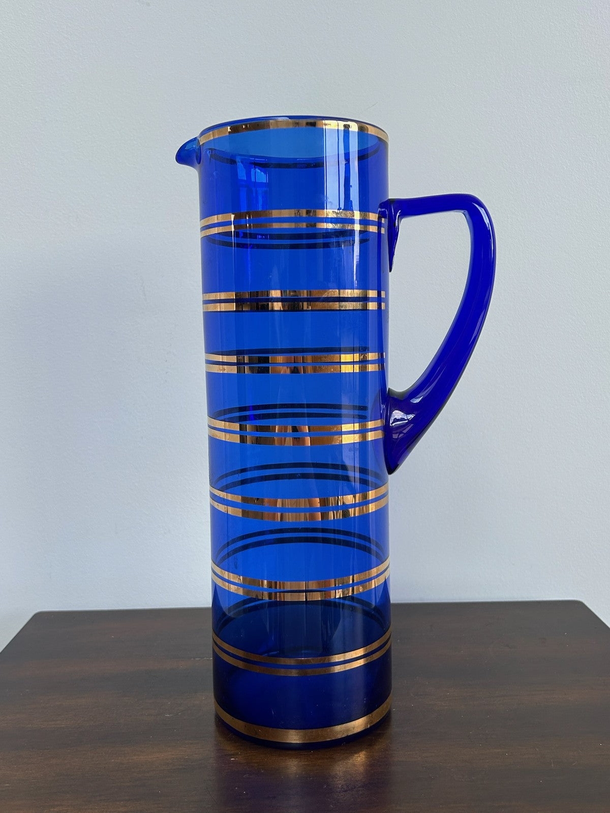 Bohemian Hand Blown Cobalt Blue Glass Jug Gilt Bands4