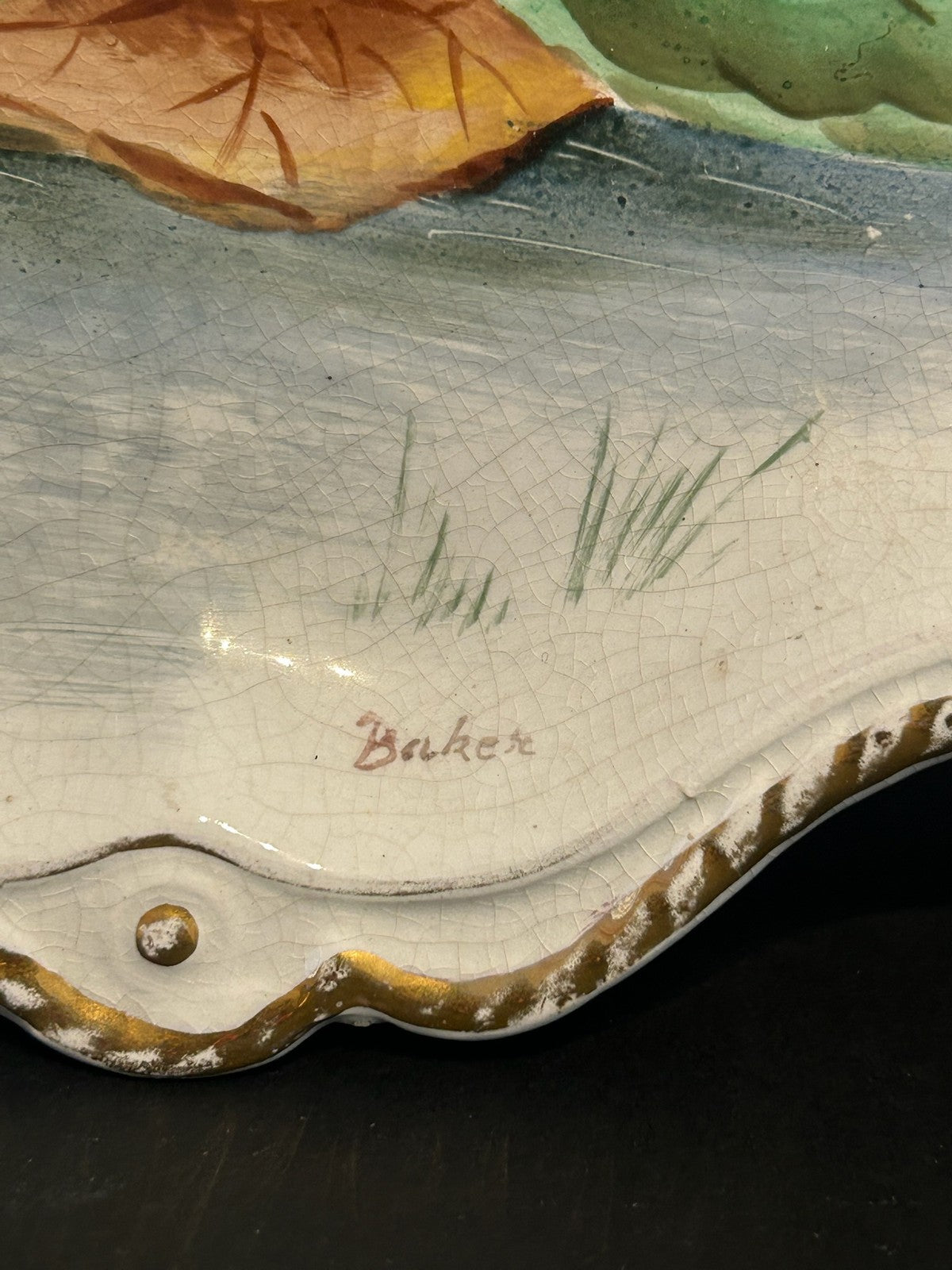 Antique Hand Painted Porcelain Dish Swallows Water Lilies Signed Baker 34cm3