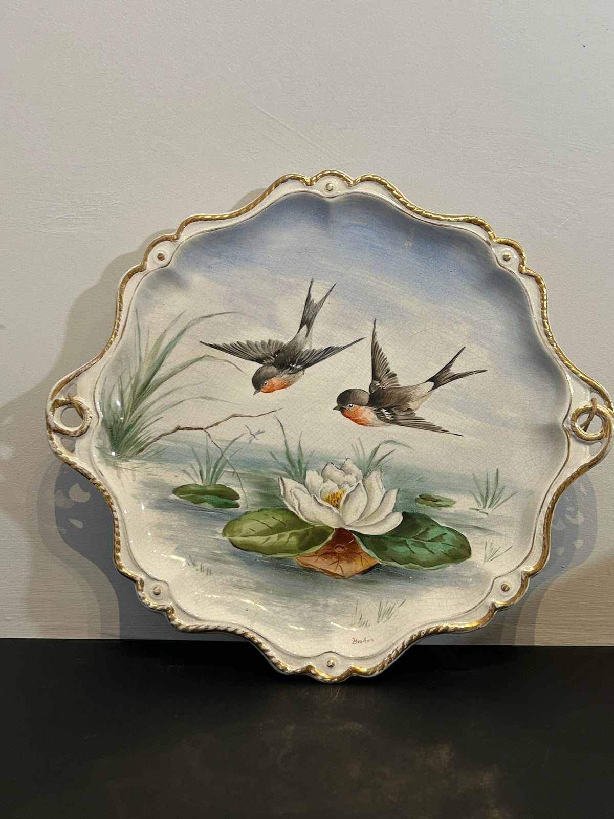 Antique Hand Painted Porcelain Dish Swallows Water Lilies Signed Baker 34cm0