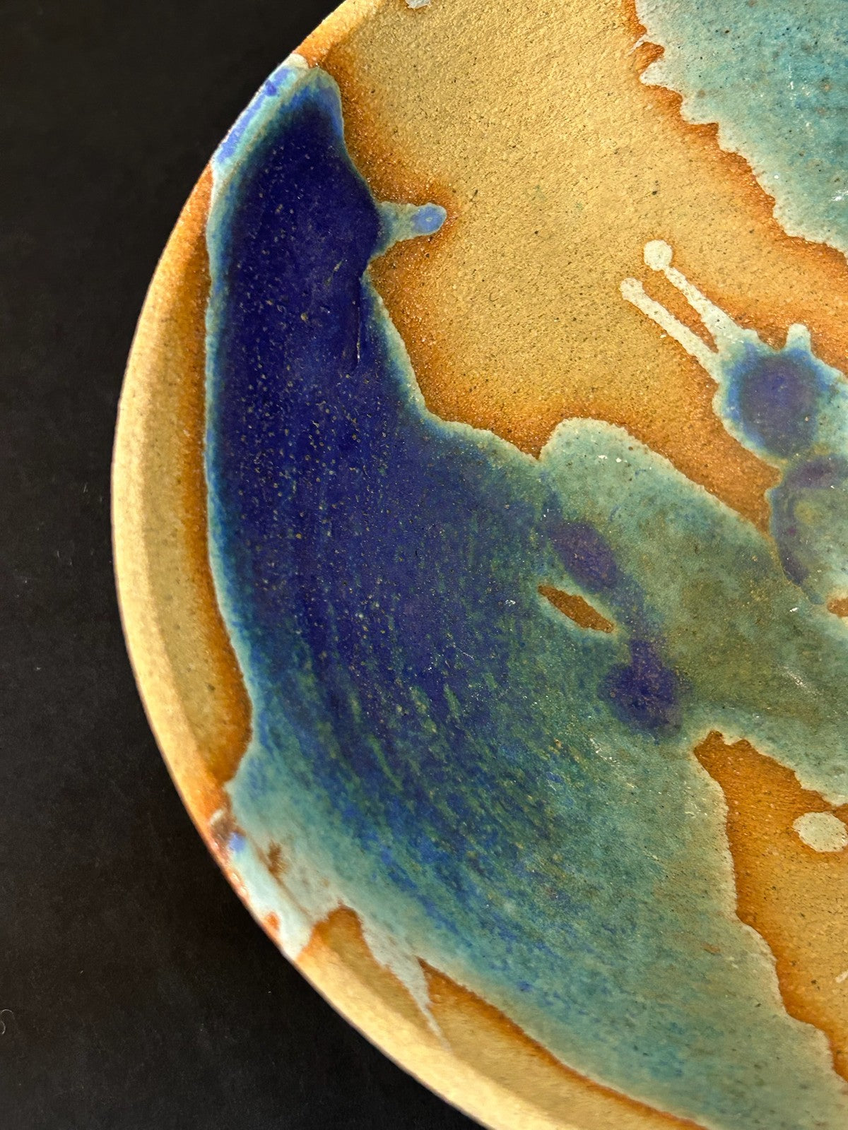 Studio Pottery Stoneware Bowl Blue Turquoise Amber Glaze Splashes 18cm2