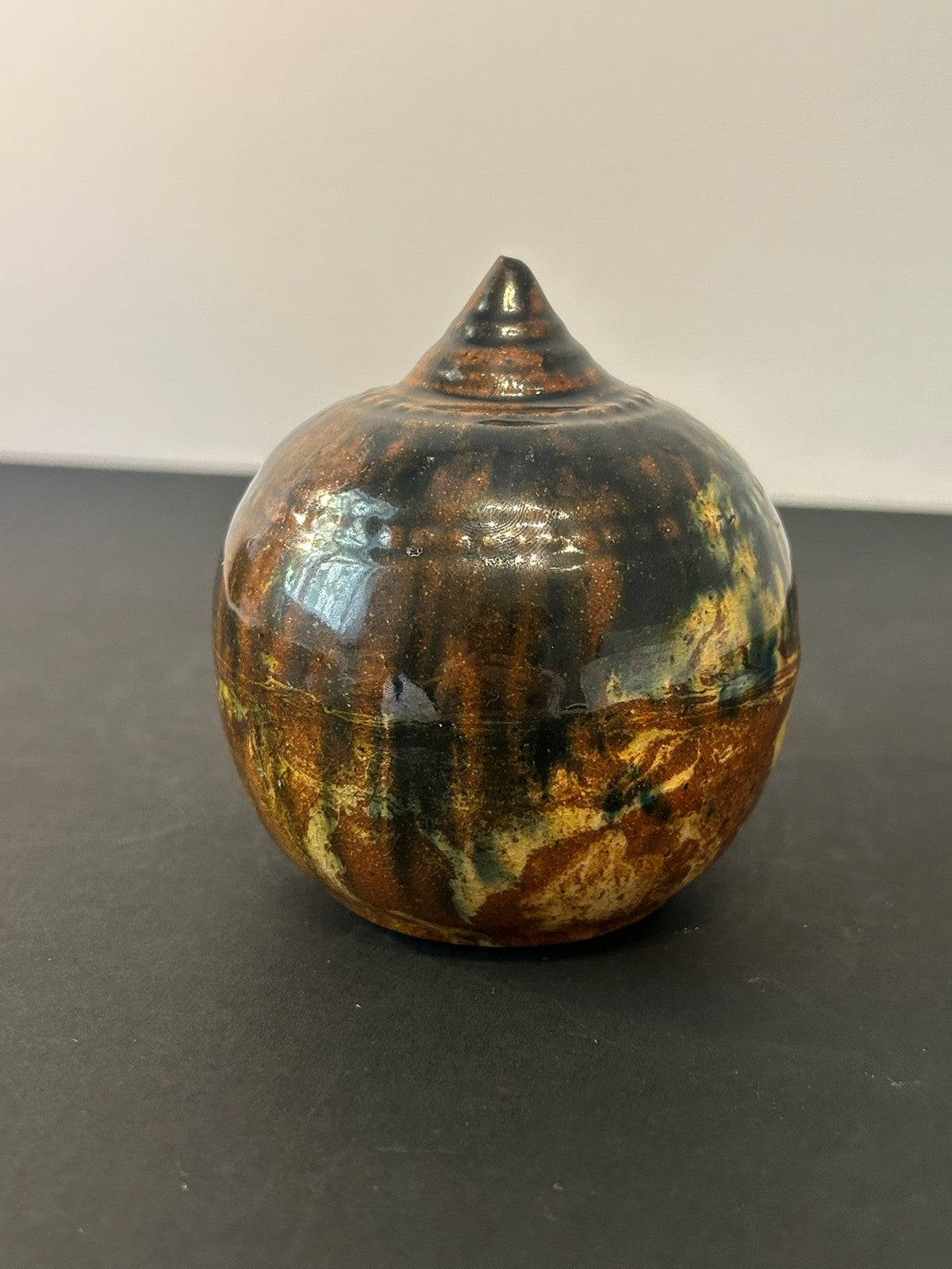 Antique 19th Century Pottery Beehive Money Box Knop Finial Mottled Treacle Glaze3