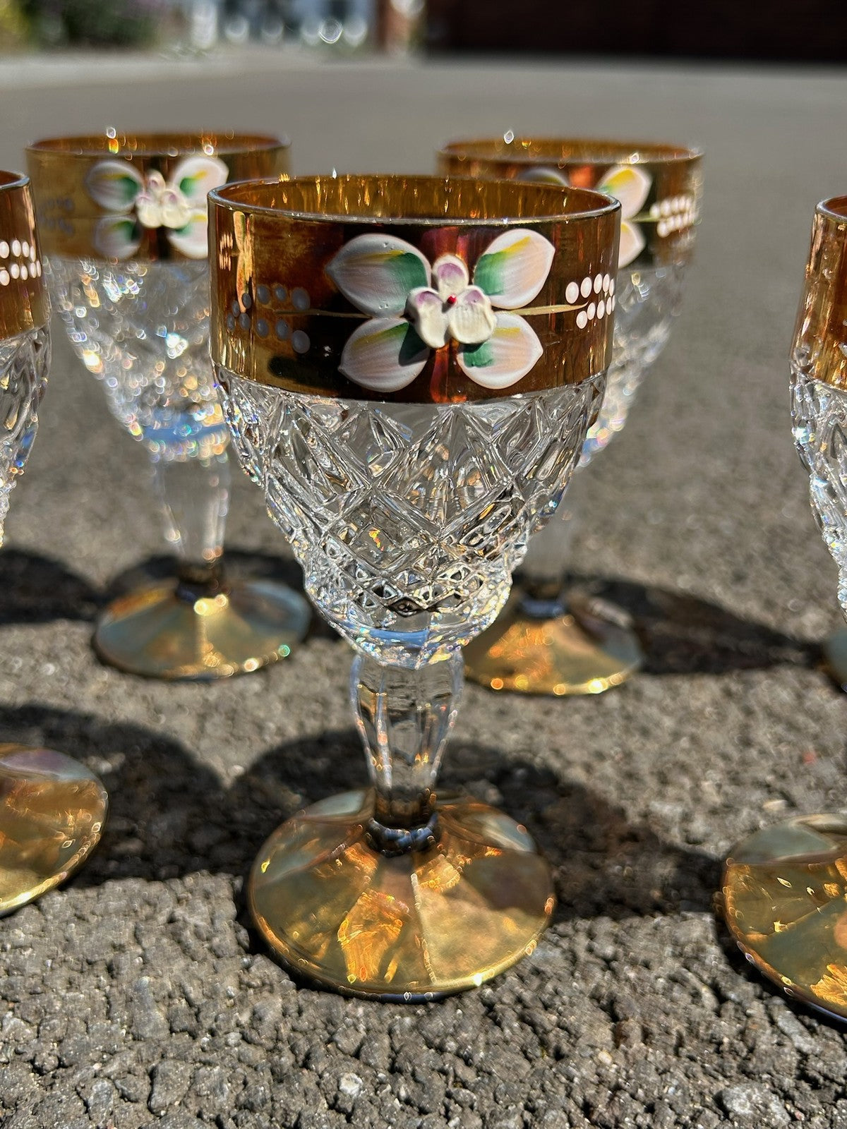 Set of 6 Bohemian Style Cut Crystal Wine Glasses Gilt Bands Enamelled Flowers4