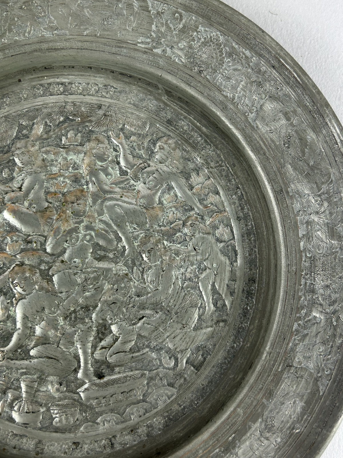 Antique Persian Silvered Copper Erotic Nude Figures Dish 23cm