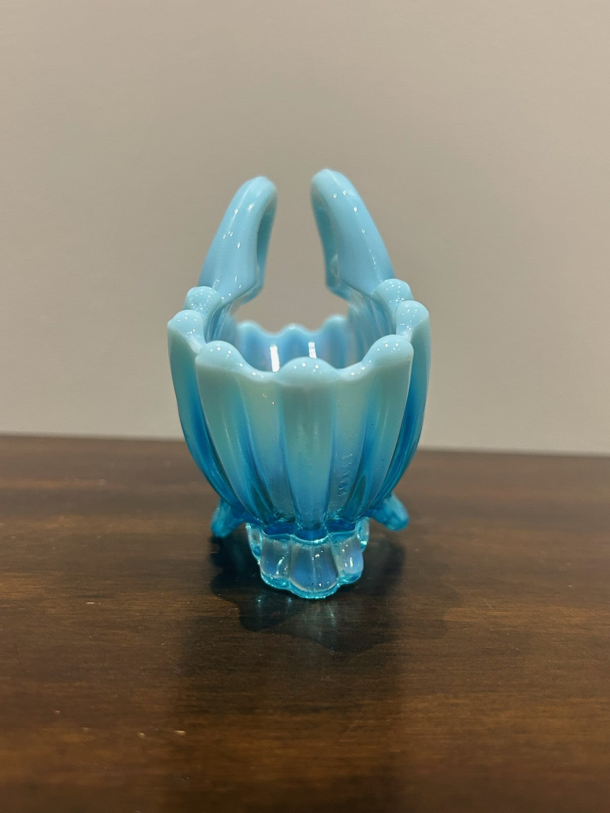 Pair Victorian Blue Pearline Opalescent Glass Basket Vases10