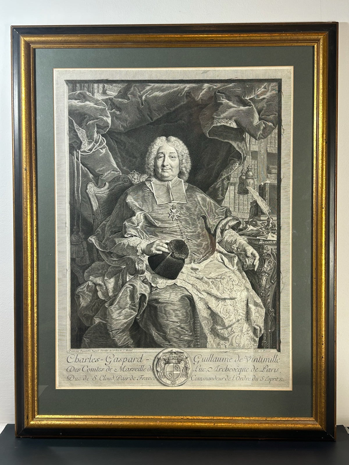 Claude Drevet after Rigaud 1736 Engraving Vintimille Archbishop of Paris Framed0