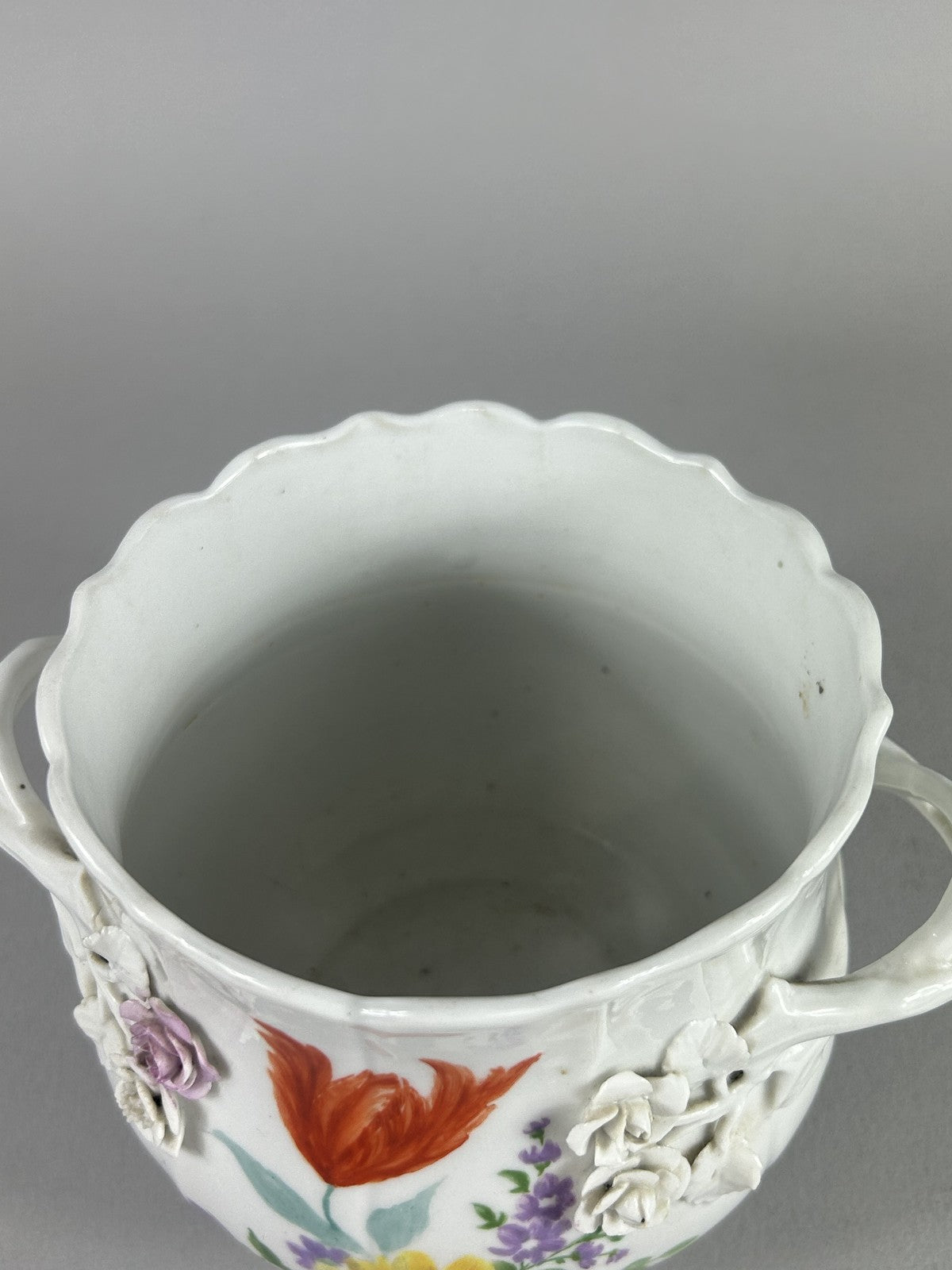 Meissen style porcelain two handled floral bowl with applied roses