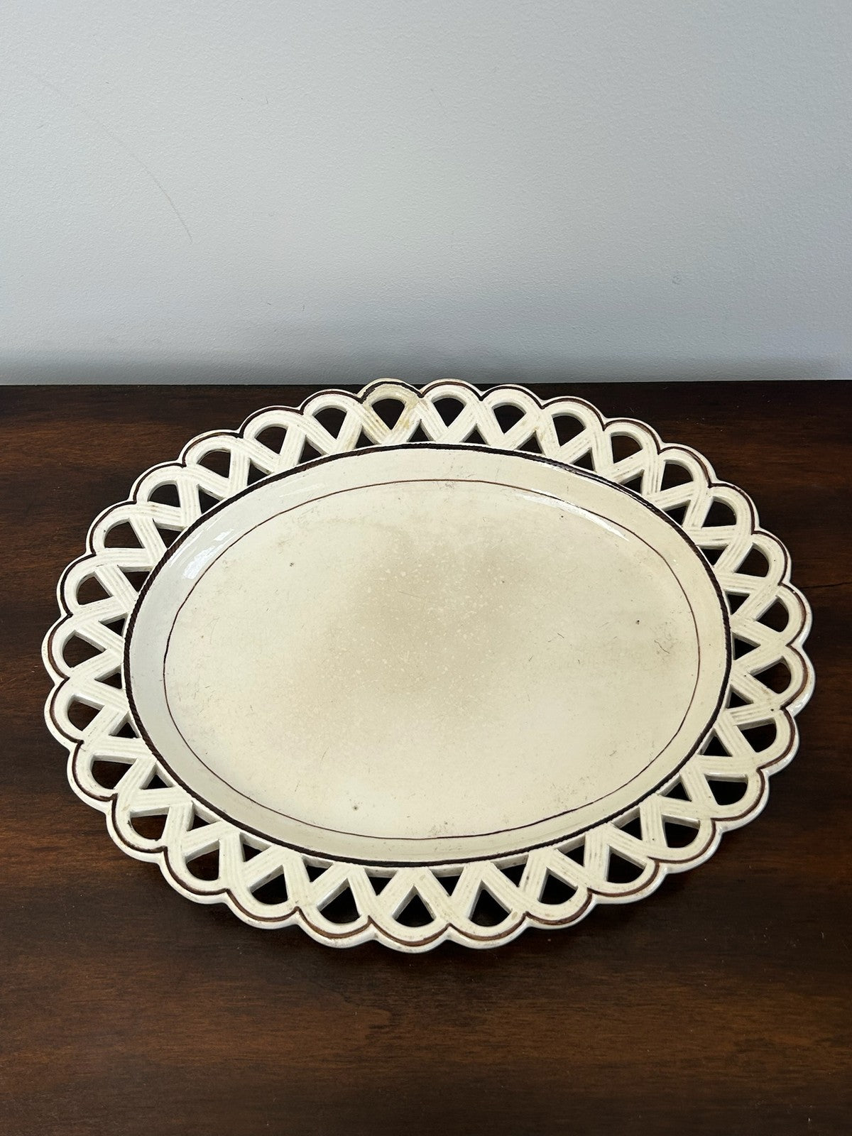Antique Creamware Oval Dish Interlaced Pierced Border Brown Line0