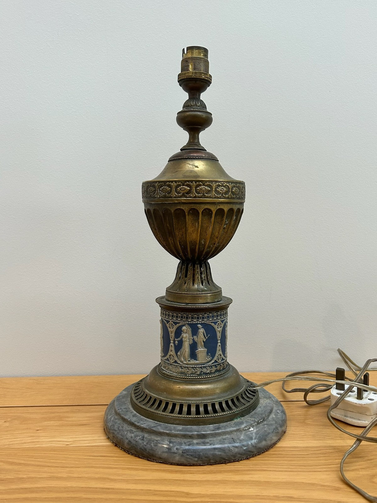 Antique Victorian Brass Urn Table Lamp Blue Jasperware Column Marble Base 36cm0
