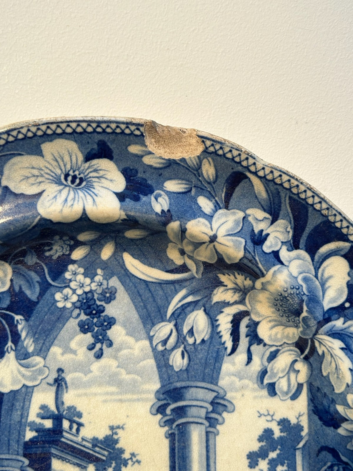 Antique Staffordshire Blue White Plate Tivoli Pattern Marked c1820 Transferware3