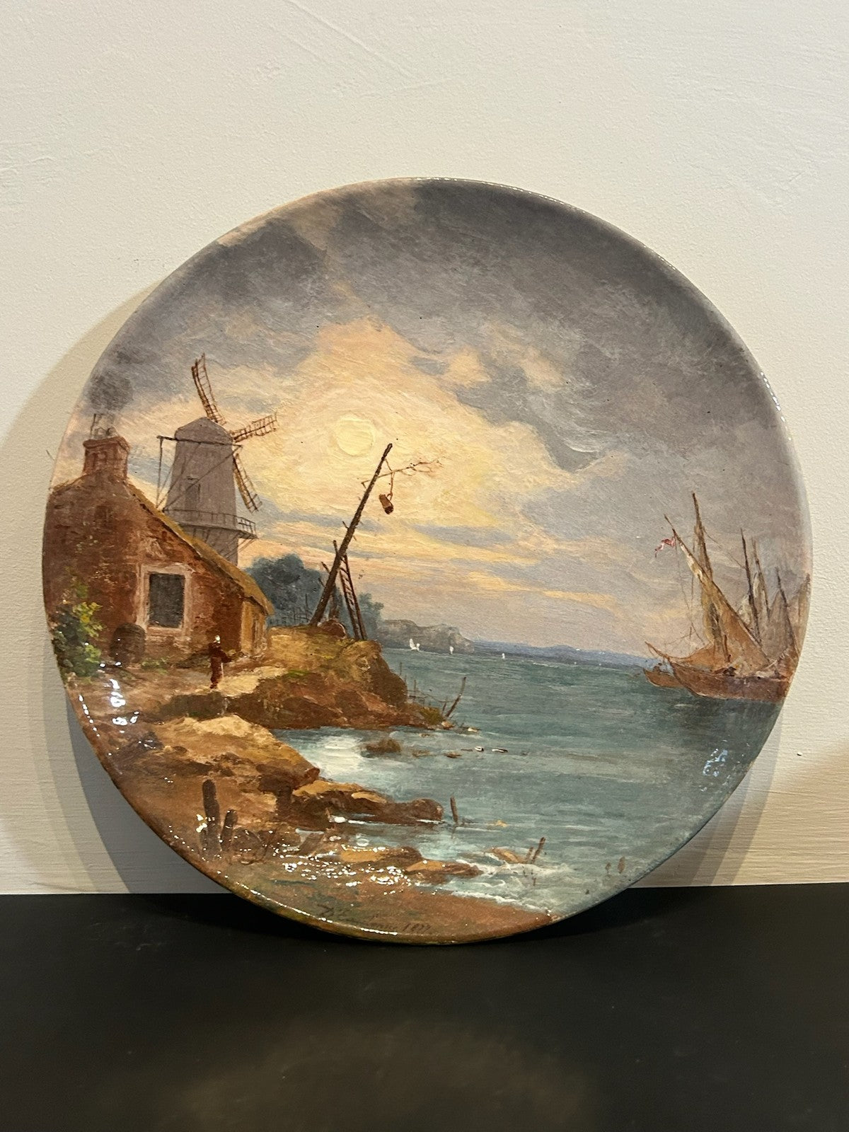 Clement Massier Vallauris Hand Painted Plate Coastal Windmill Scene 21cm0