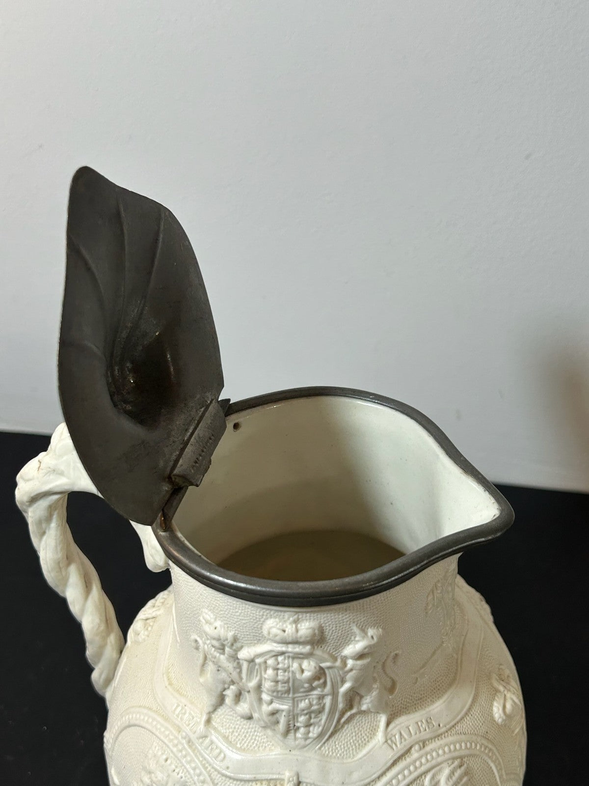 Victorian Relief Moulded Stoneware Jug Pewter Lid Gothic Figures Cobridge 18634
