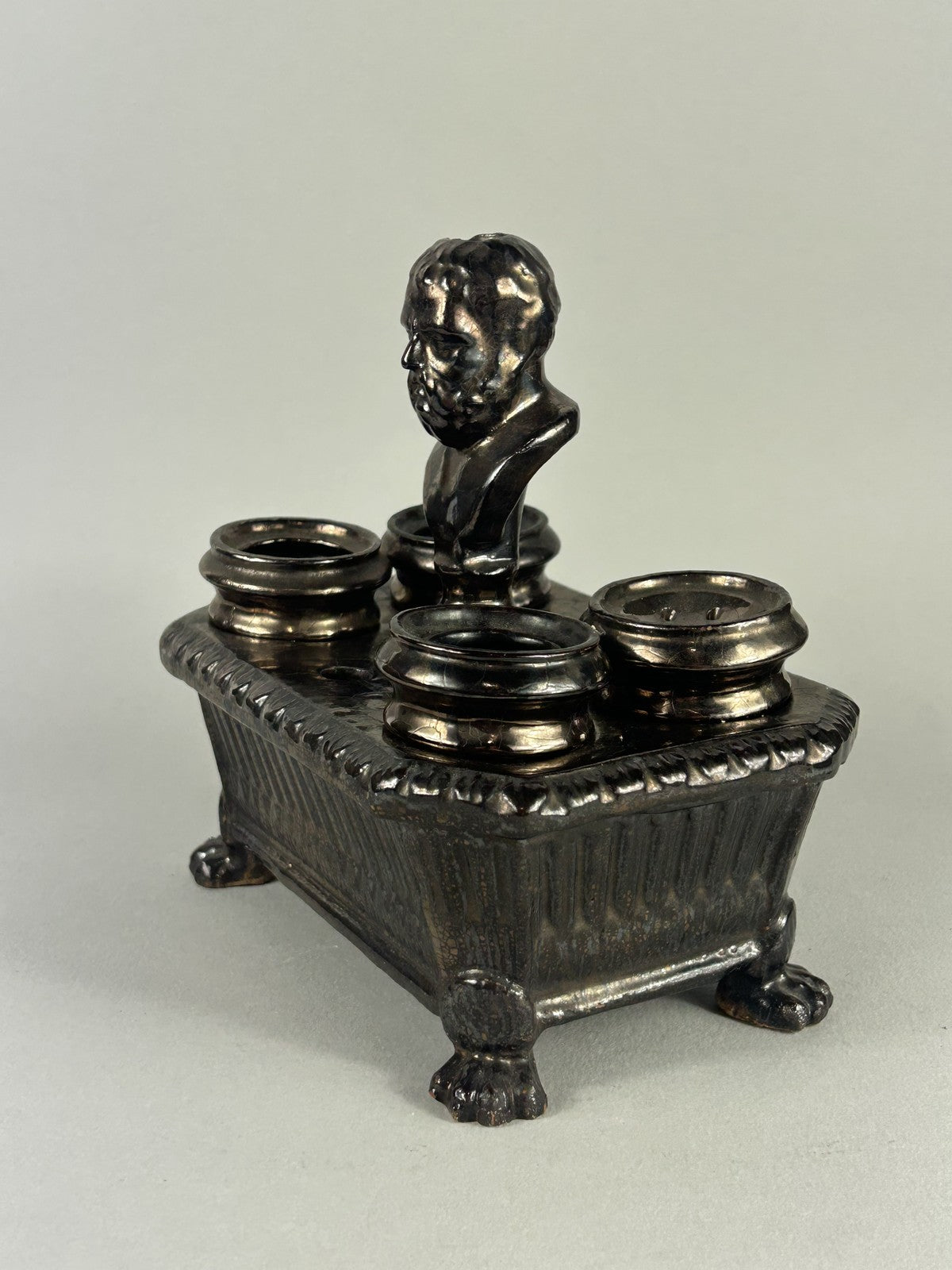 Early Staffordshire Silver Lustre Philosopher Inkstand with Four Pots