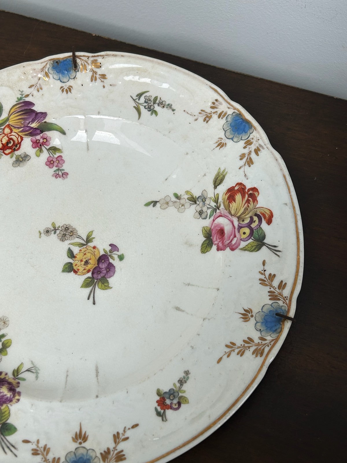 Antique English Porcelain Plate Hand Painted Floral Sprays Wire Hanger3