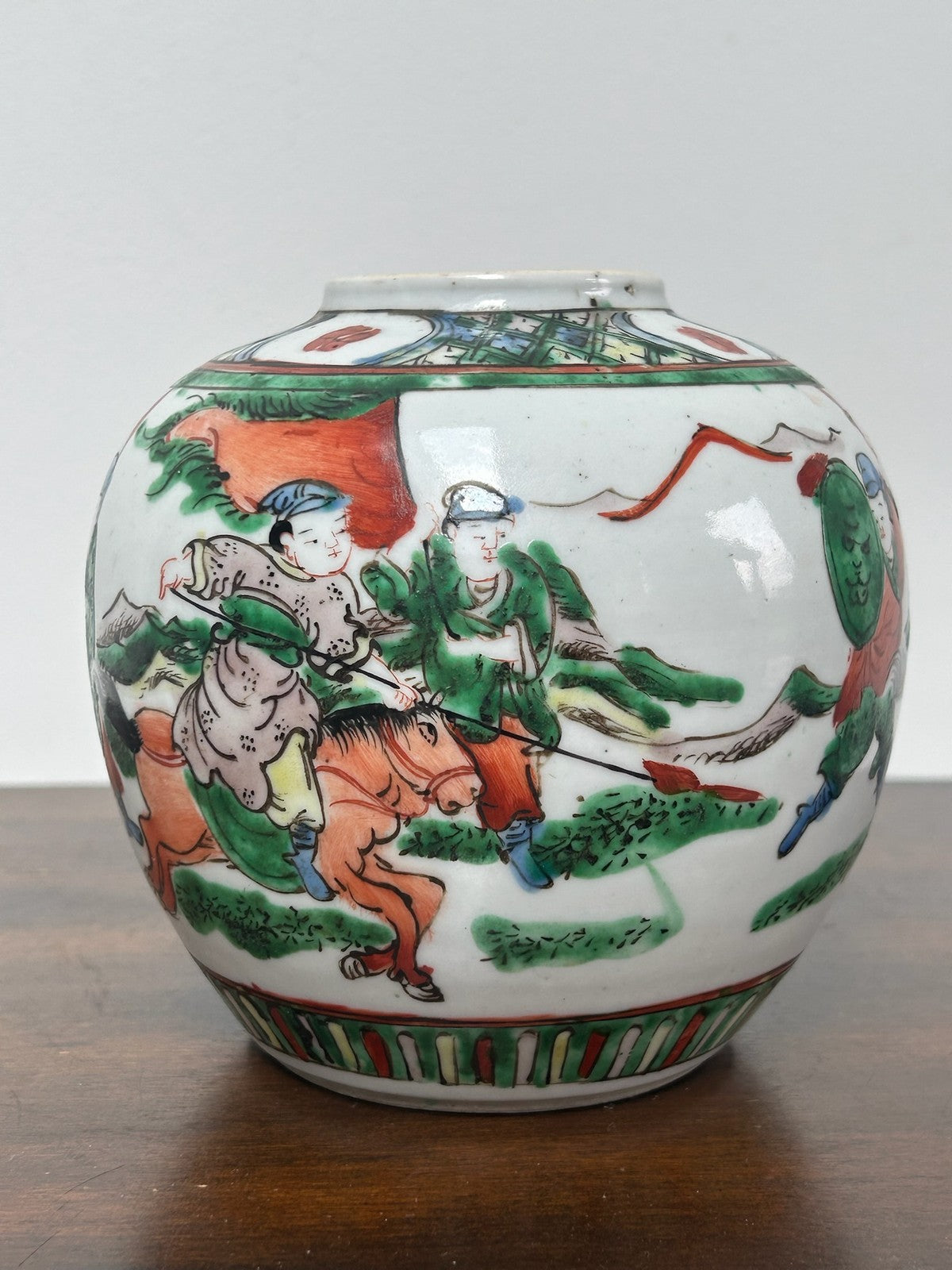Antique Chinese Famille Verte Wucai Warrior Jar Kangxi Mark Late Qing Republic5