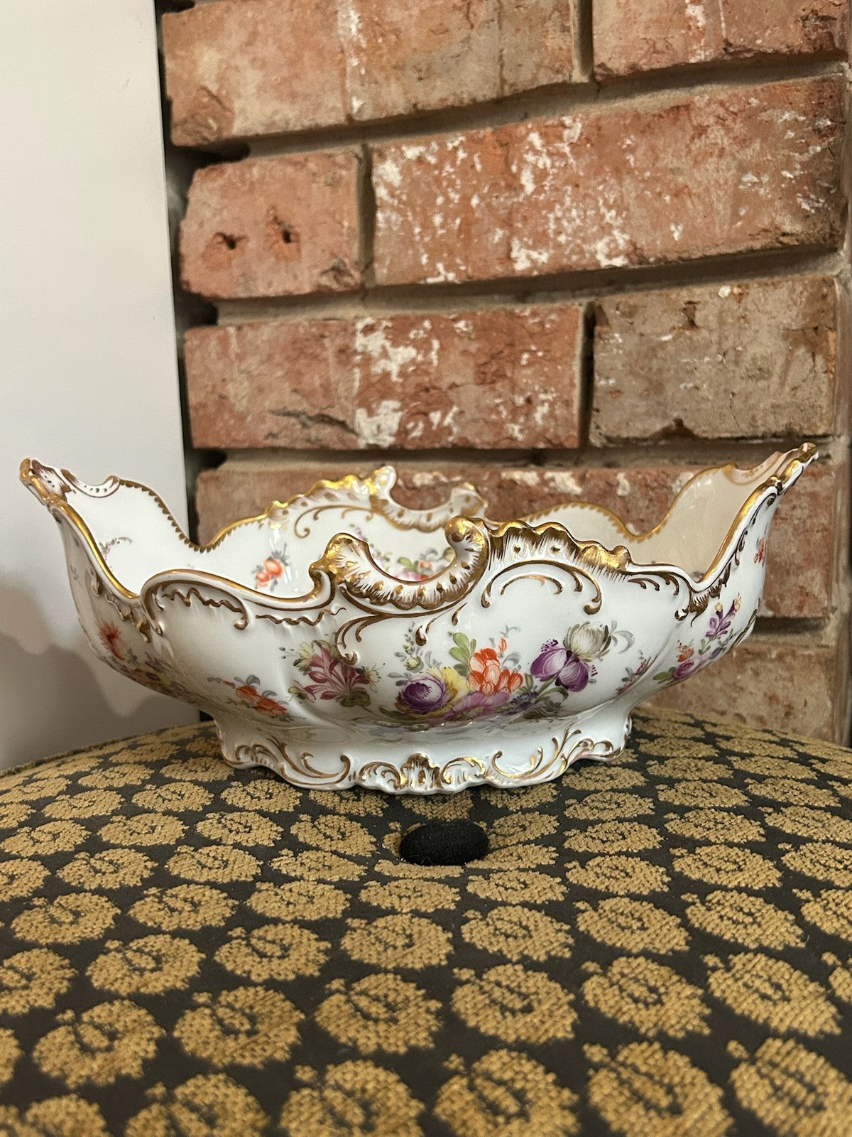 Dresden Porcelain Shaped Dish Hand Painted Flowers Gilt Scroll Rim Crown Mark1